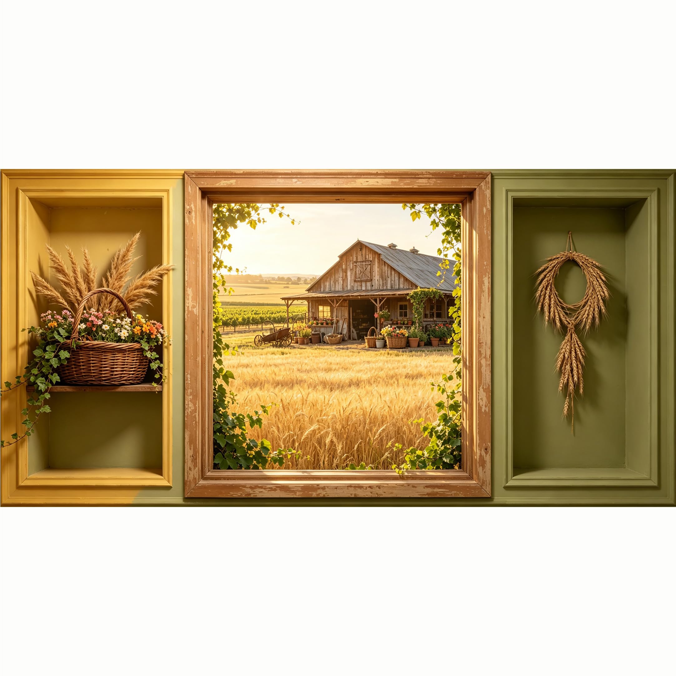 QZLITHOTIC 50x100cm 3D Framed Wall Art， Farmhouse Sunset Wheat Field Barn Self‑Adhesive Mural， Water‑Activated Peel & Stick Fabric Decor Wall Decal for Bedroom Living Room
