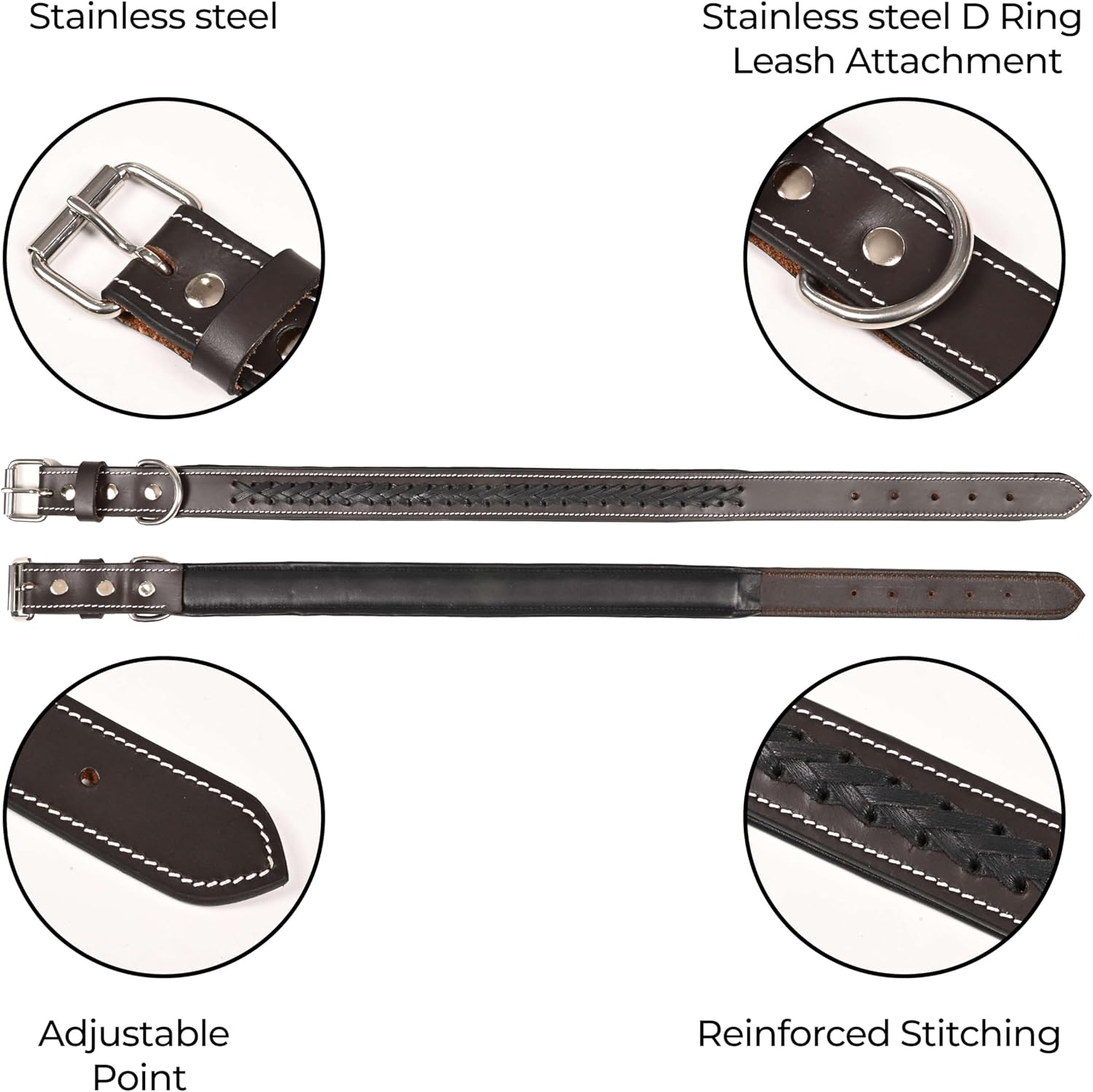 TARICO Adjustable Leather Dog Collar for All Breeds, Heavy Duty Pet Collar with Durable Metal Buckle - Large, Brown & Black