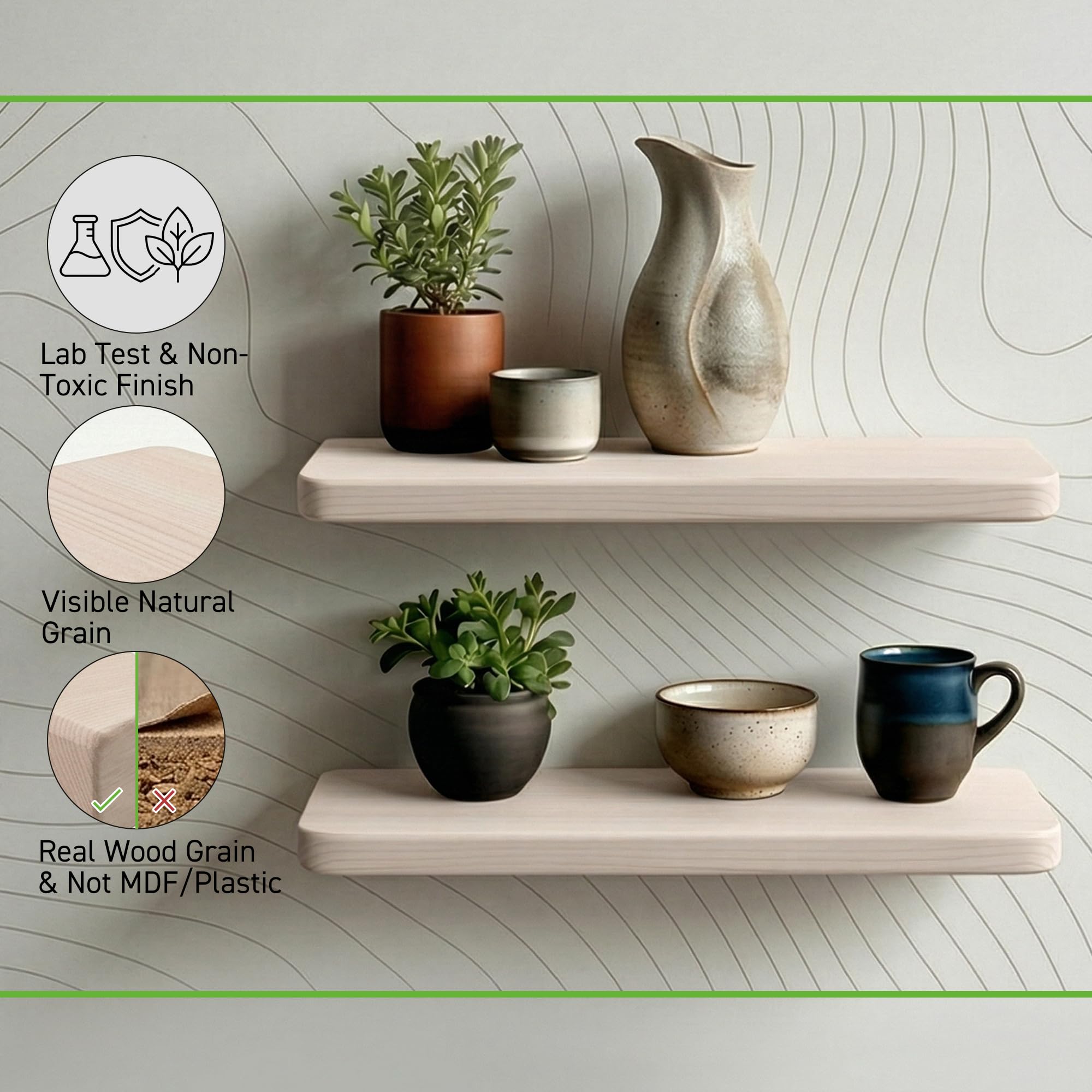 Aura | Estantería Pared de Madera Maciza | Baldas Flotantes Con Veta Vista y Bordes Redondeados | Incluye Tacos Especiales Pladur y Ladrillo | Repisas y Estantes para Baño (Blanco, 58, 2)