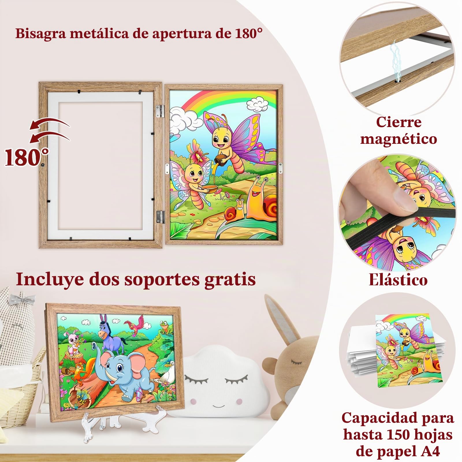 SelfTek Marco Dibujos Infantiles A4, Pack de 2 Marcos para Dibujos Niños con Soporte, Apertura Frontal Magnética, Hasta 150 Dibujos, Ideal para Casa, Escuela, Regalo (Madera)