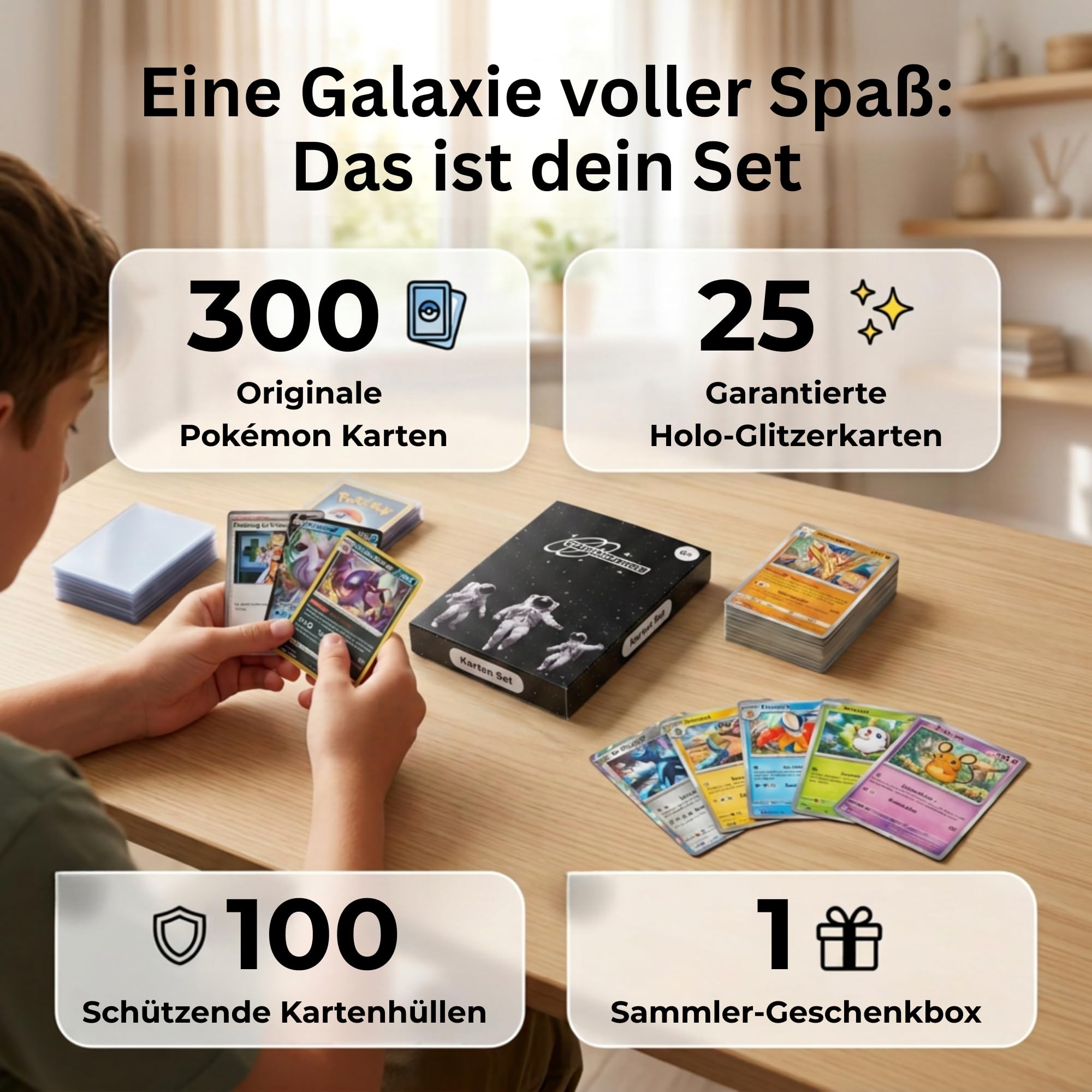 200 Karten Set - Pokemon Karten Deutsch – Originale Pokemon Sammelkarten inkl. 25 Holo/Reverse Holo + 100 Kartenhüllen – TCG Bundle – Sammelkarten Geschenkbox – Geschenk für Kinder & Sammler