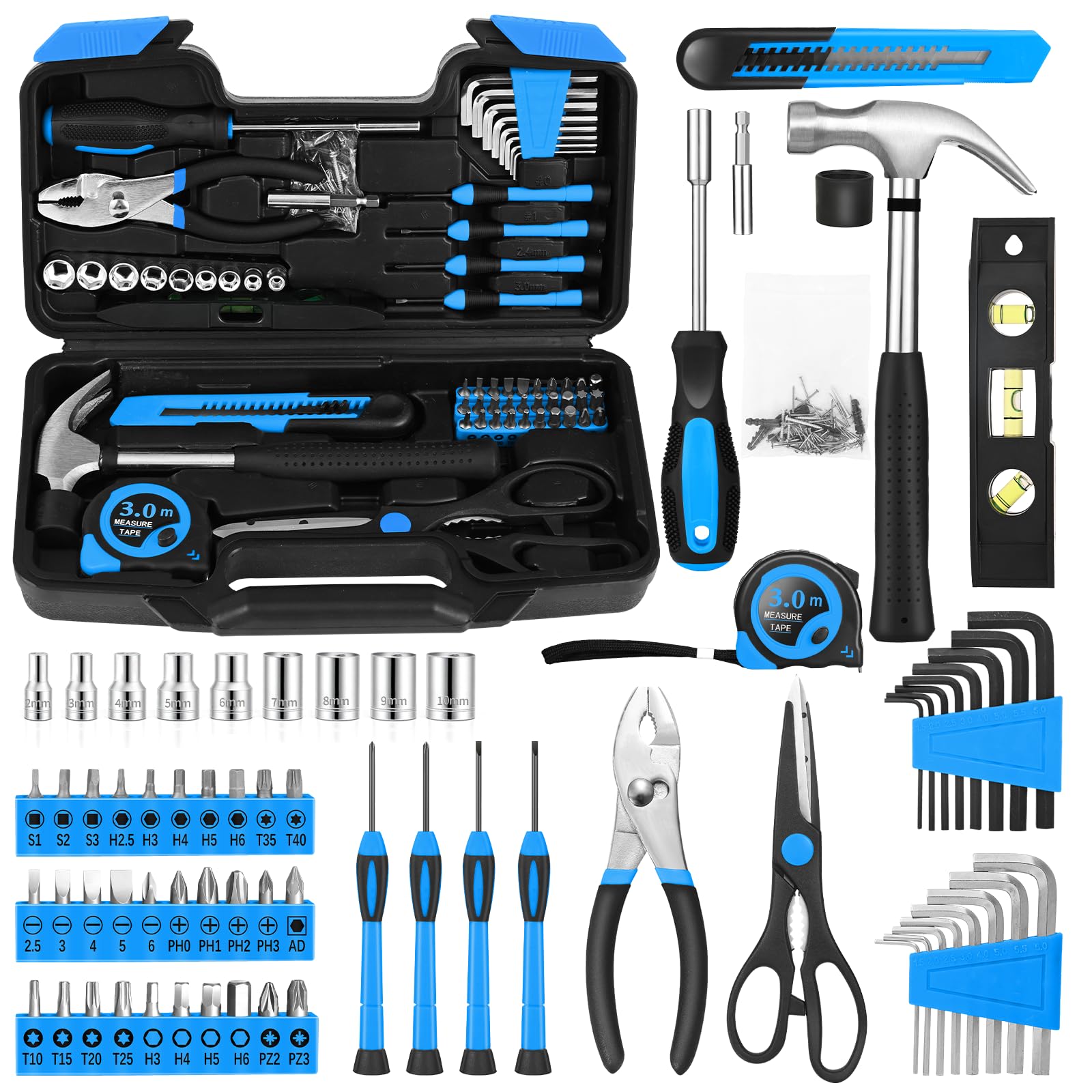 144-Piece Blue Tool Kit for Home, Household Hand Set with Plastic Toolbox
