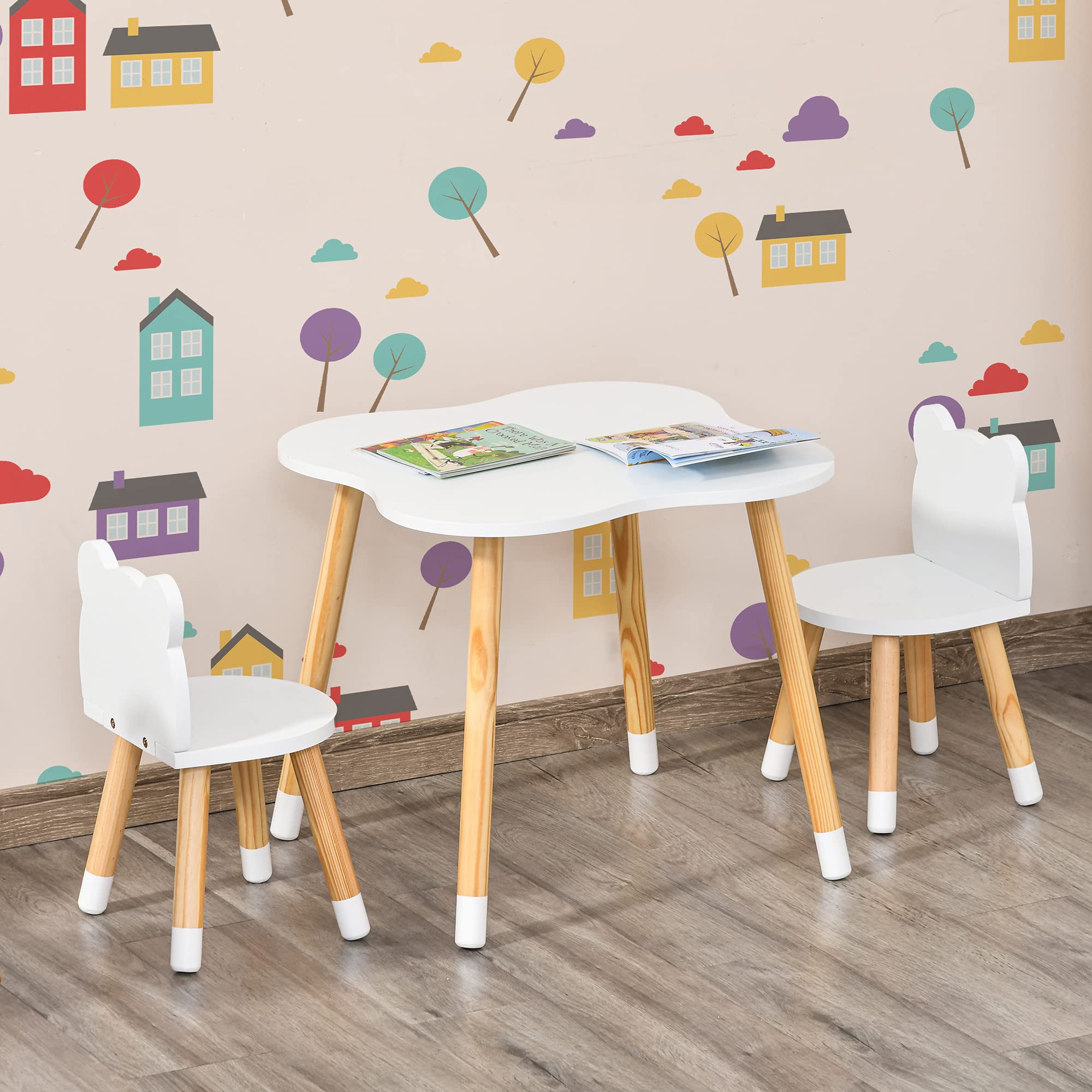 HOMCOM Ensemble Table et chaises Enfant Design scandinave Motif Ourson Bois pin MDF Blanc