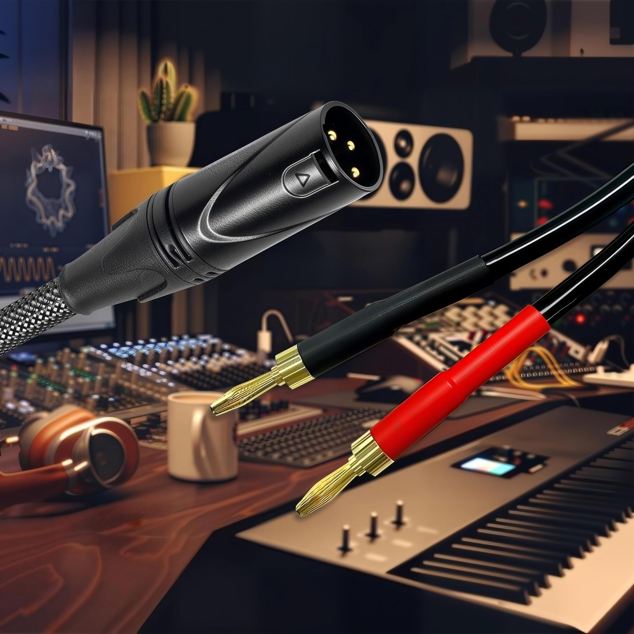 XLR-auf-Bananen-Lautsprecherkabel, XLR3-Stecker auf 2 Bananenstecker, XLR-Kabel, OFC-12-AWG-Draht, robuste Nylon-geflochtene Abdeckung, für XLR auf Lautsprecher-Endverstärker, Schwarz, 2 m