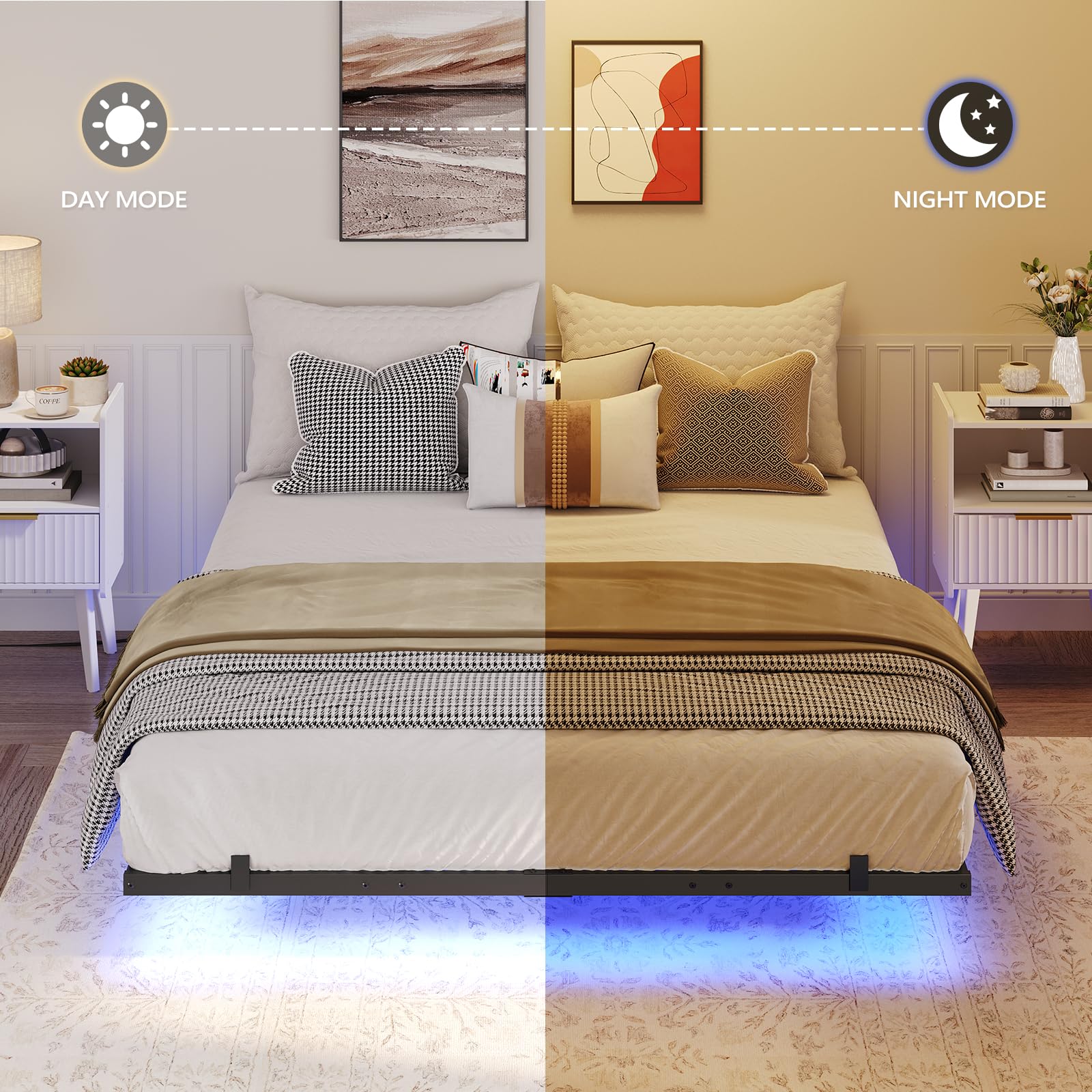 MAHANCRIS Struttura del Letto Sospeso 140 x 200 cm, Telaio in Metallo Letto Matrimoniale con Stazione di Ricarica e Luci LED, 1 Presa AC, 1 Porta USB-A e 1 Porta Type-C, Nero e LegnoABFHN637UE01