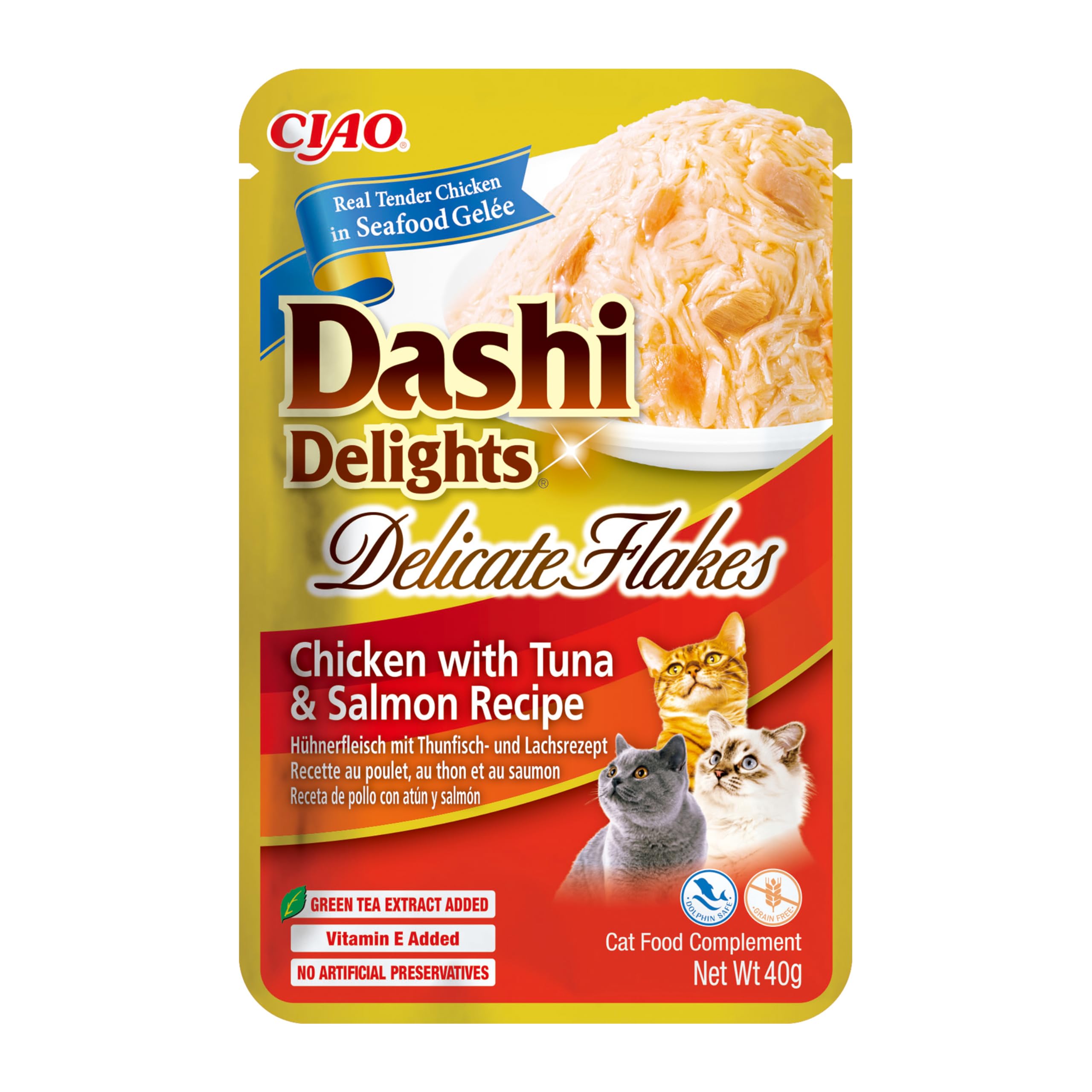 INABA Dashi Delights Delicate Flakes, Wet Food for Cats with Chicken, Tuna and Salmon, Flakes in Fish Broth, Rich in Protein, Natural Ingredients, Complementary Meal, 1 Pack of 40g