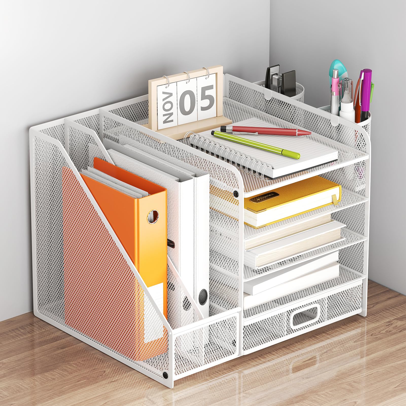 Youyijia 5-stufiger Mesh-Schreibtischorganizer mit Schublade - Aufbewahrungslösung für Büro- & Kunstbedarf, Dokumente, Stifte, Zeichenpapier & Zeitschriften, platzsparend (weiß)
