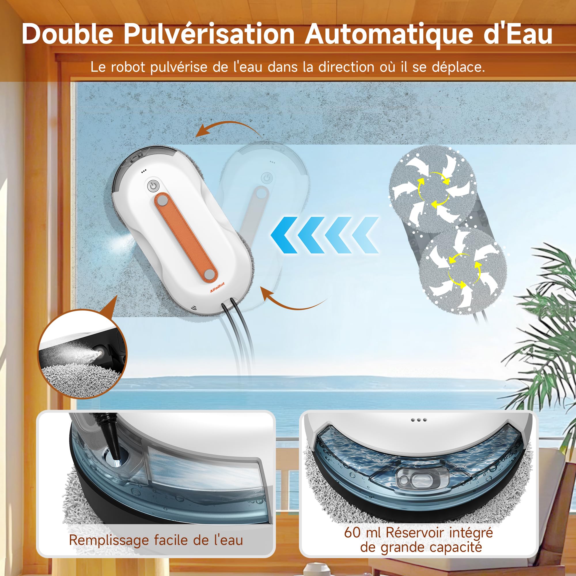 AlfaBot X7 Pro Robot Lave-vitres Intelligent – Nettoyage sans Traces pour vitres, carrelages et Surfaces Lisses • Pulvérisation bilatérale • Grand réservoir