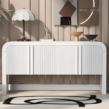 63" Modern Striped Storage Cabinet with 4 Doors and Adjustable Shelves, Multifunctional Wooden Buffet Sideboard Console Table for Study, Entryway and Living Room White-01