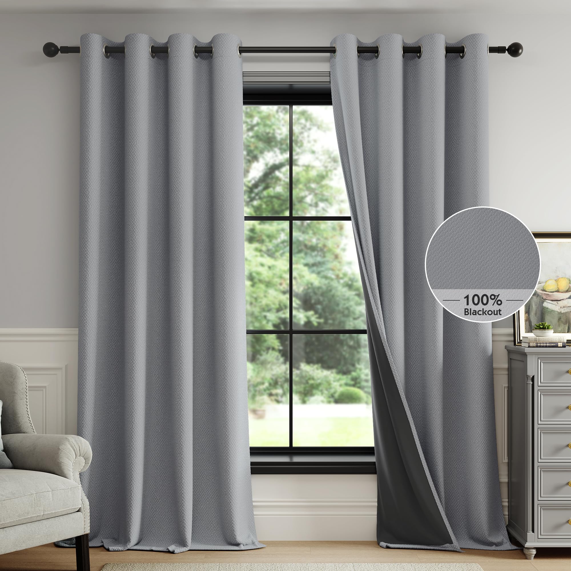 FMFUNCTEX 100% Dark Grey Blackout Curtains for Living Room, Curtains 84 Inches Long Weave Textured Thermal Insulated Curtains for Bedroom, Black Out