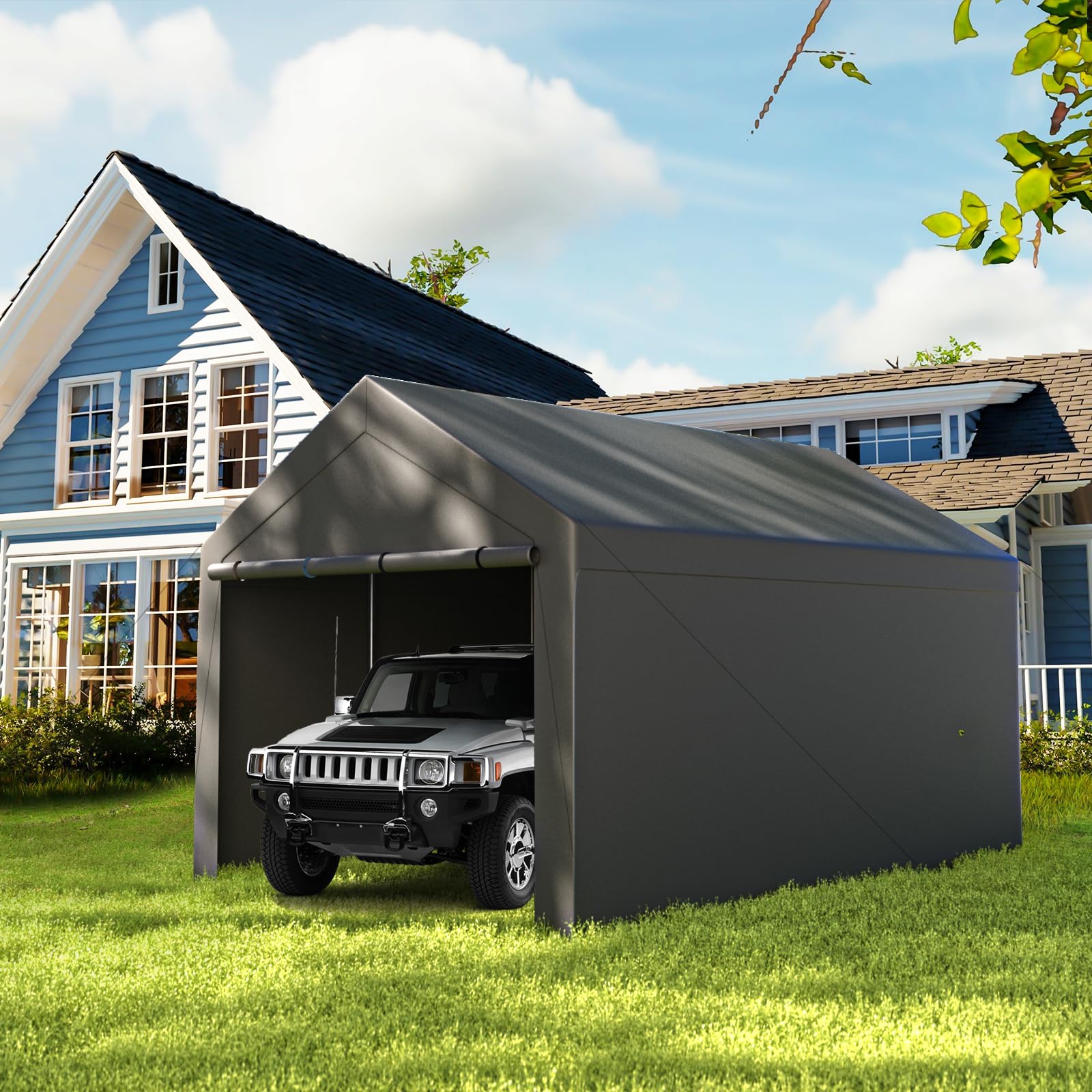 TANGJEAMER 10x20ft Carport Portable Garage, Heavy Duty Canopy with Removable Sidewalls and Doors for Car, Truck, Boat, All-Season Car Shed, Grey