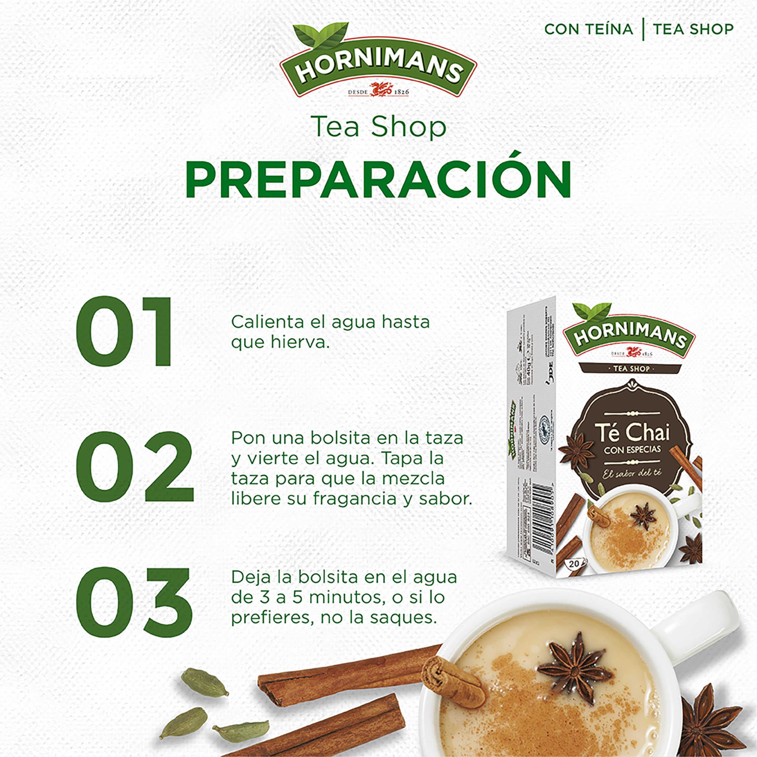 Hornimans Té Chai con Especias Ingredientes 100% Naturales | 20 bolsitas | Con Teína