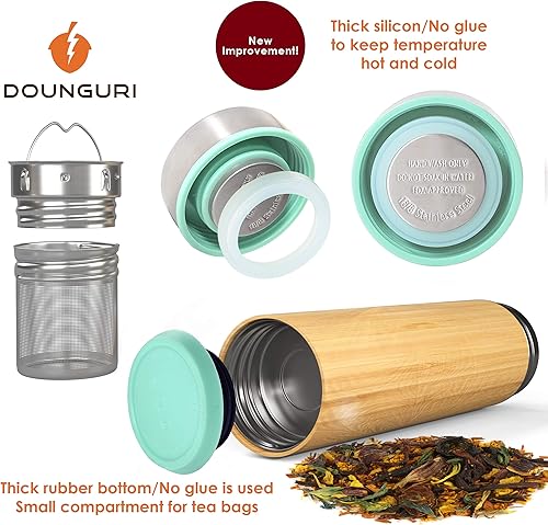 Miniatura 5 de Vaso de bambú con infusor de colador, termo de acero inoxidable aislado al vacío verde de 12 onzas con filtro para hojas sueltasbotella de viaje de