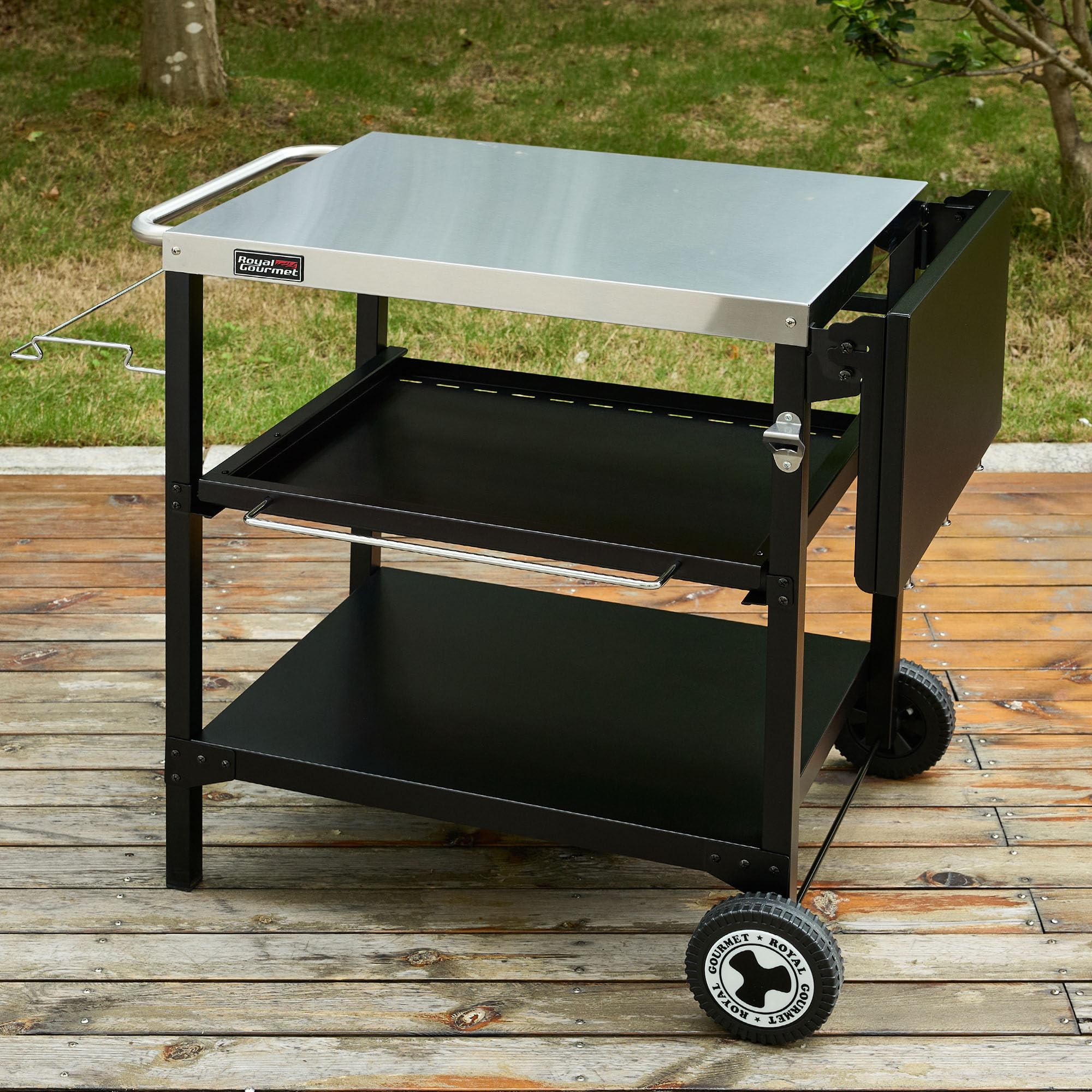 Royal Gourmet Postre Exterior para Plancha, 3 estantes Carro para Barbacoa con Mesa de Acero Inoxidable 70 x 50 cm y Mesa Auxiliar Plegable de 30 x 50 cm, Apto para Cocina y jardín
