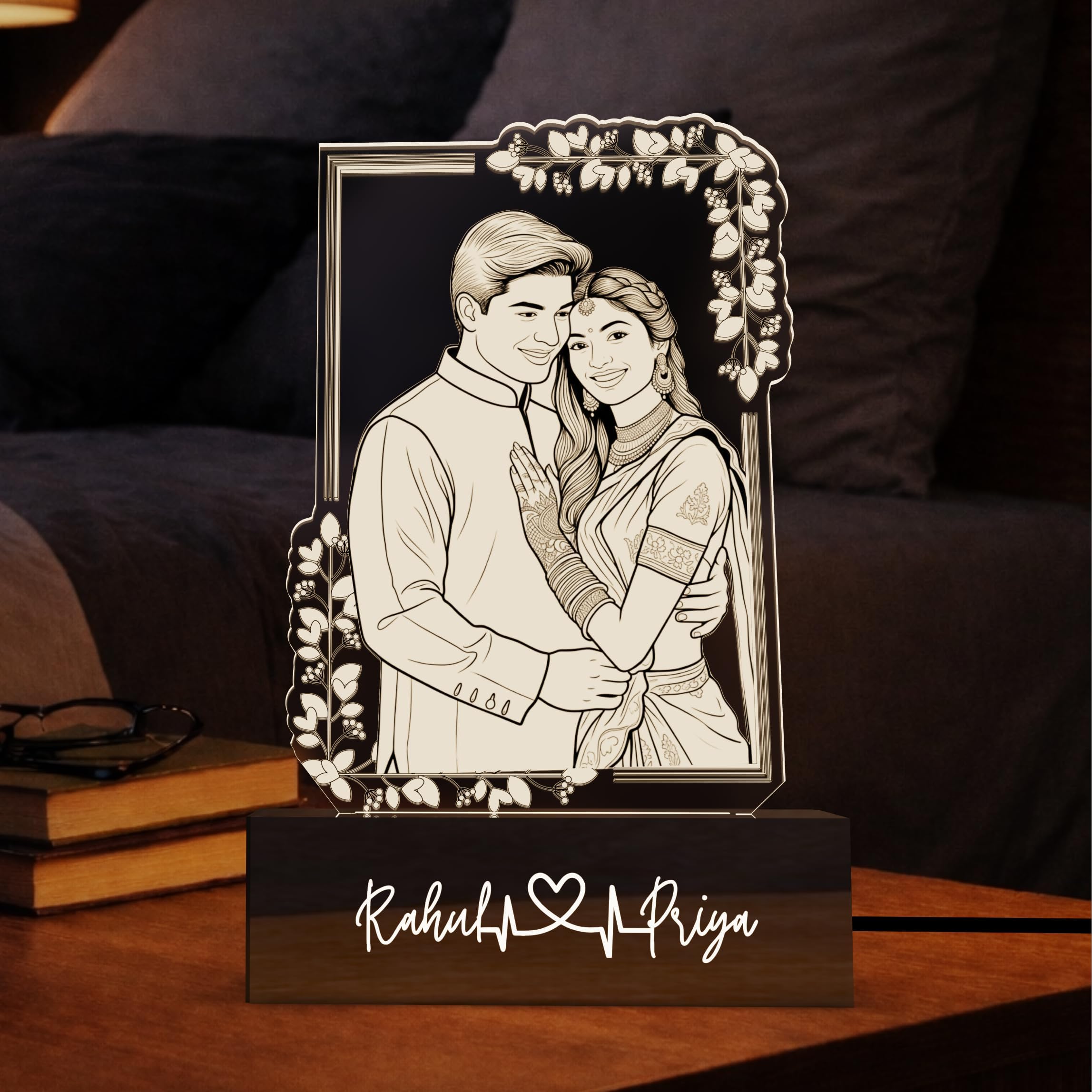 - Personalized Acrylic LED Photo Lamp for Couples – Custom Engraved Etched Photo with Premium Base, Backlit Romantic Night Light – Anniversary, Wedding & Valentine Gift (Design 3)