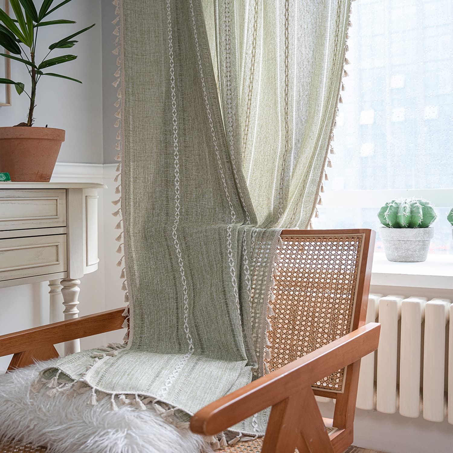 ColorBird Sage Green Curtains 84 inch Length, 2 Panels Boho Linen Curtains for Bedroom,Room Darkening Curtains & Drapes, Embroidered Window Curtain Panels for Dining Living Room Nursery Doorways