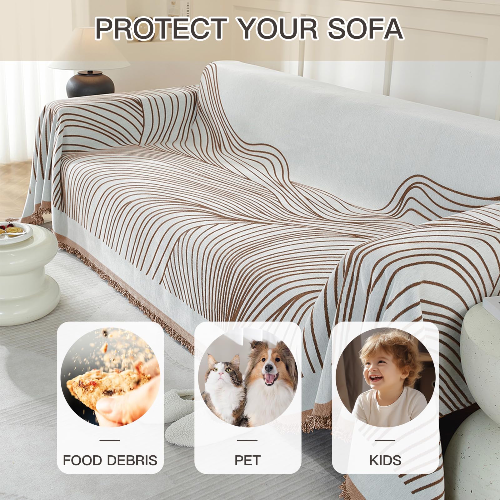 YSTELLAA Funda Sofa 4 Plazas, 180×380CM, Manta Cubre Sofa Four Seasons, Universal, Reversible, Grande, Gruesas, Antideslizantes, Decoración De Interiores, para Salón, Café Oscuro-Curve