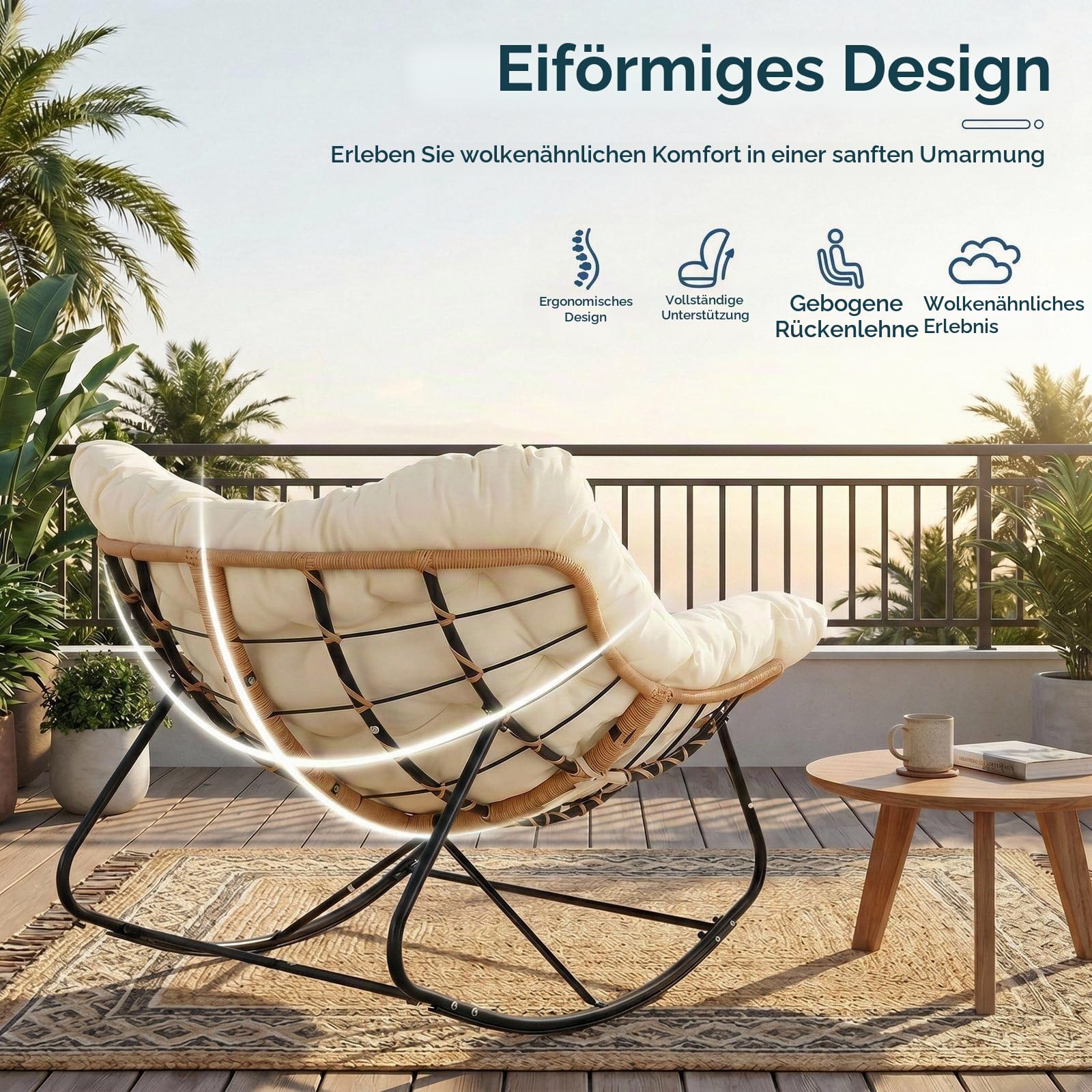 LIFERUN Schaukelstuhl mit Rattan, Ei-Schaukelstuhl, Belastung 150 kg, Beige | Schaukelsessel Oversized, mit dickem Abnehmbar Polster, Metallrahmen, Loungesessel für Garten Balkon Wohnzimmer