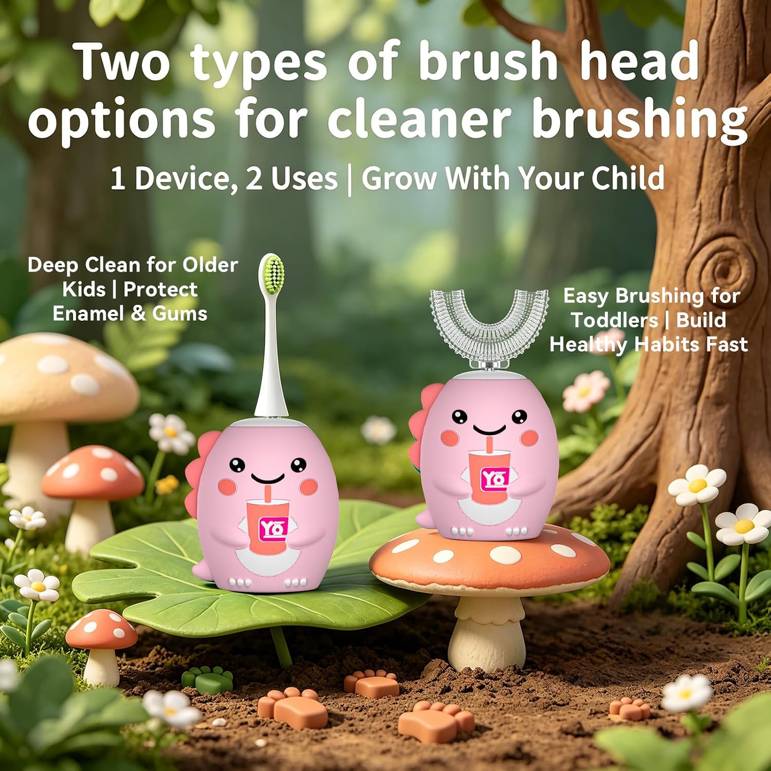 Kids U Shaped Electric Toothbrush，auto Sonic Baby Toothbrush，Cartoon Dinosaur 360-Degree Cleaning IPX7 Waterproof Design(8-15y, Pink)