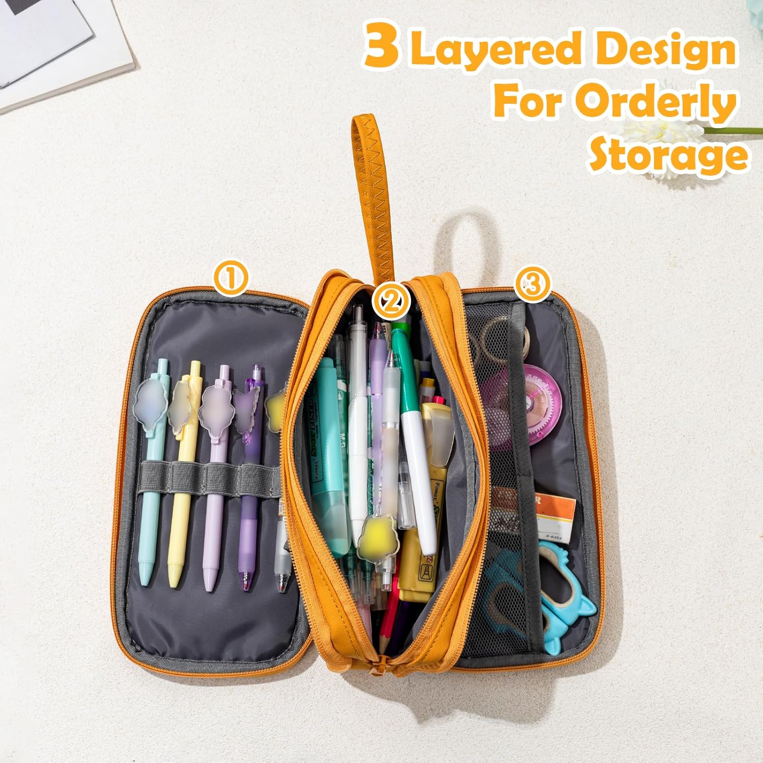 NOL Large Capacity Pencil Case Zipper Pencil Purse 3 Compartment Pencil Pouch Office Stationery Organizer Multi-functional Pencil Bag for School Girl Boy Adults - Earth-yellow - Image 4