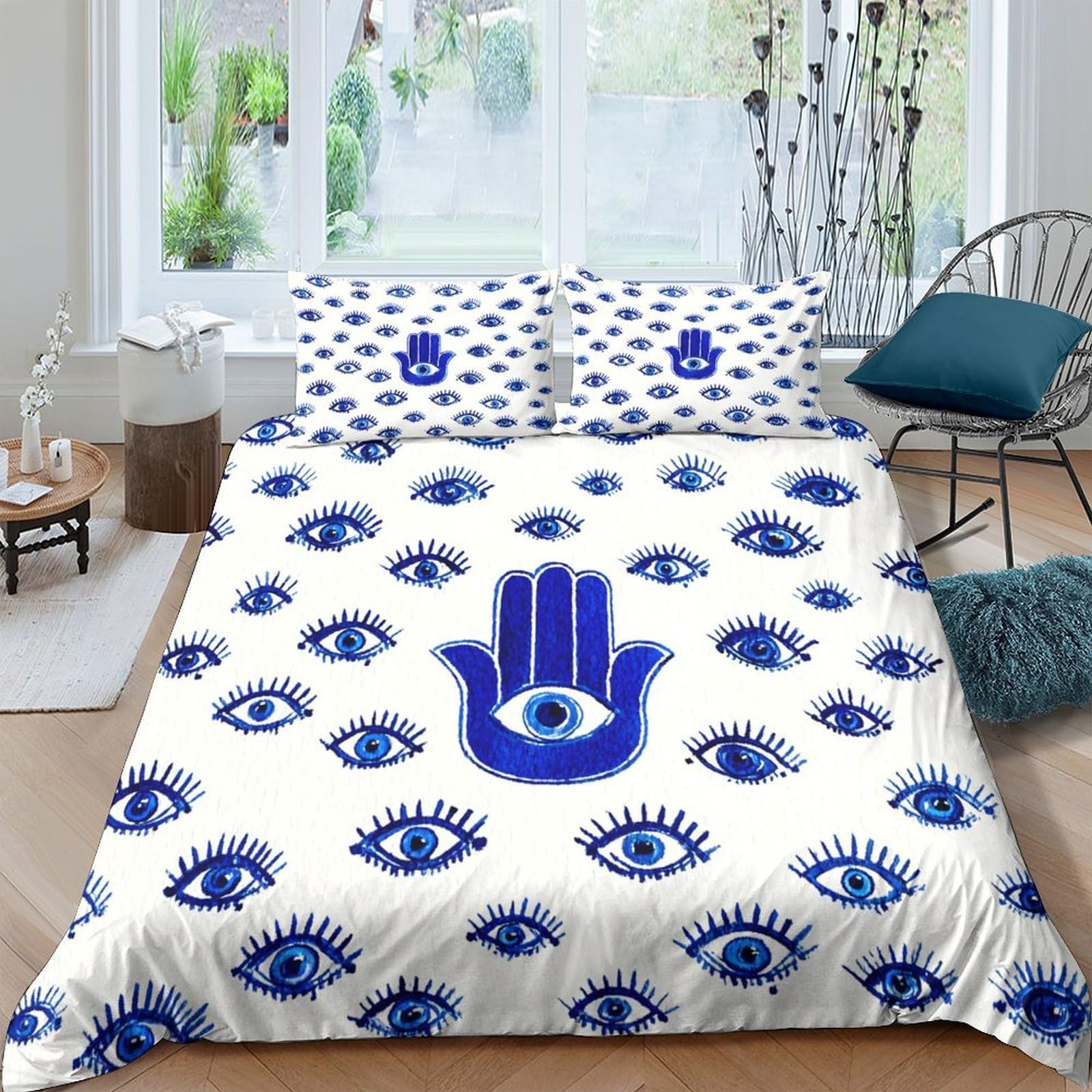 GPLZQXKJNH 3D Printed Evil Eye Hamsa Duvet Cover Microfiber Soft Blue Hand Bedding Set with 2 Pillowcases for Bedroom Decor Single（135x200cm）