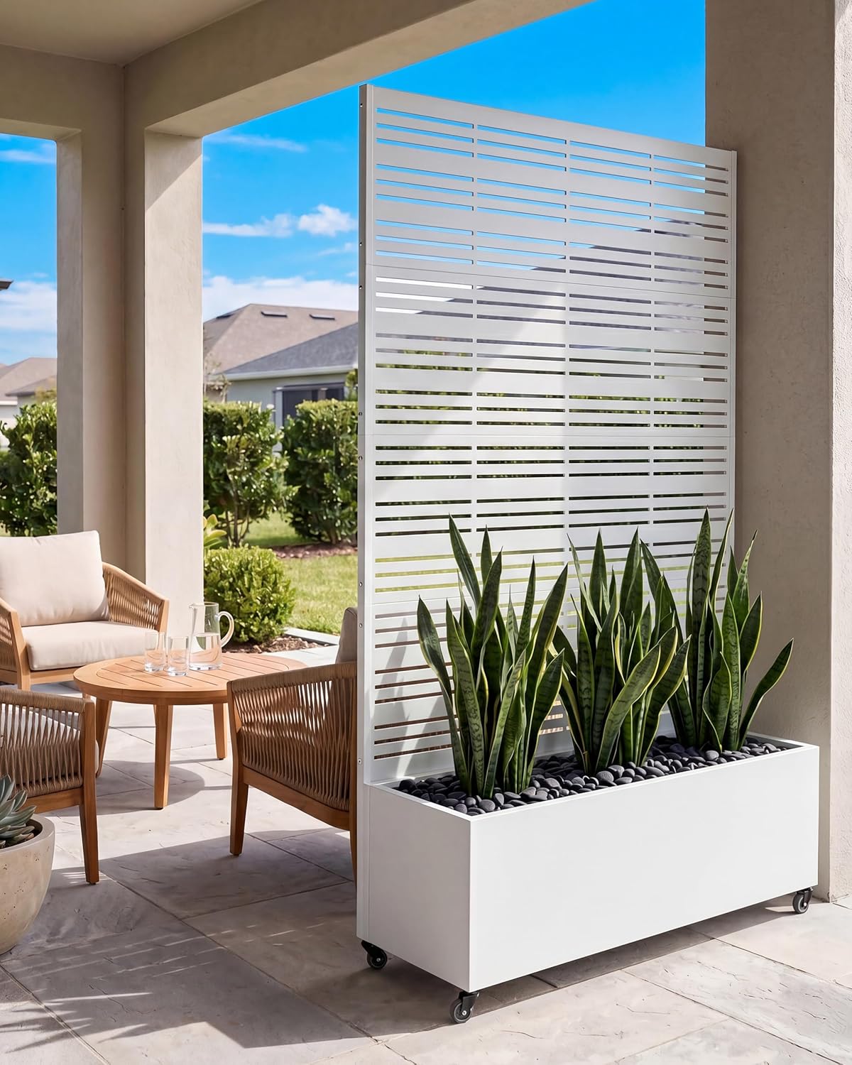 Metal Raised Garden Bed with Trellis, 73"×47"×16" Louvered Privacy Screen Planter Box on Wheels with Drainage Holes, Easy Assembly Outdoor Planter for Patio, Deck, Balcony, Backyard - White