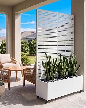 Privacy Planter Box with Trellis, 73 in Tall Metal Screen, White