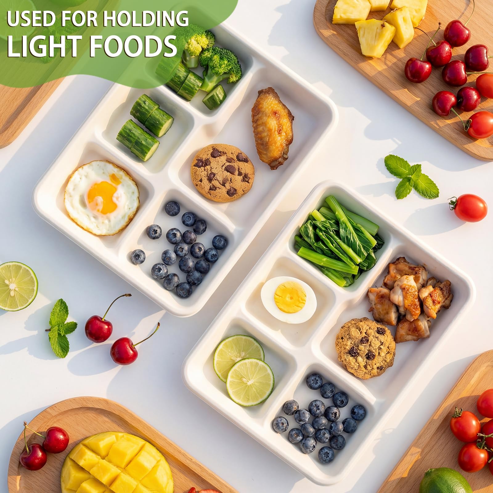 WELLIFE Lot de 125 assiettes en carton jetables compostables à 5 compartiments 26 x 21 cm - Assiettes biodégradables pour fête, dîner, buffet (blanc)