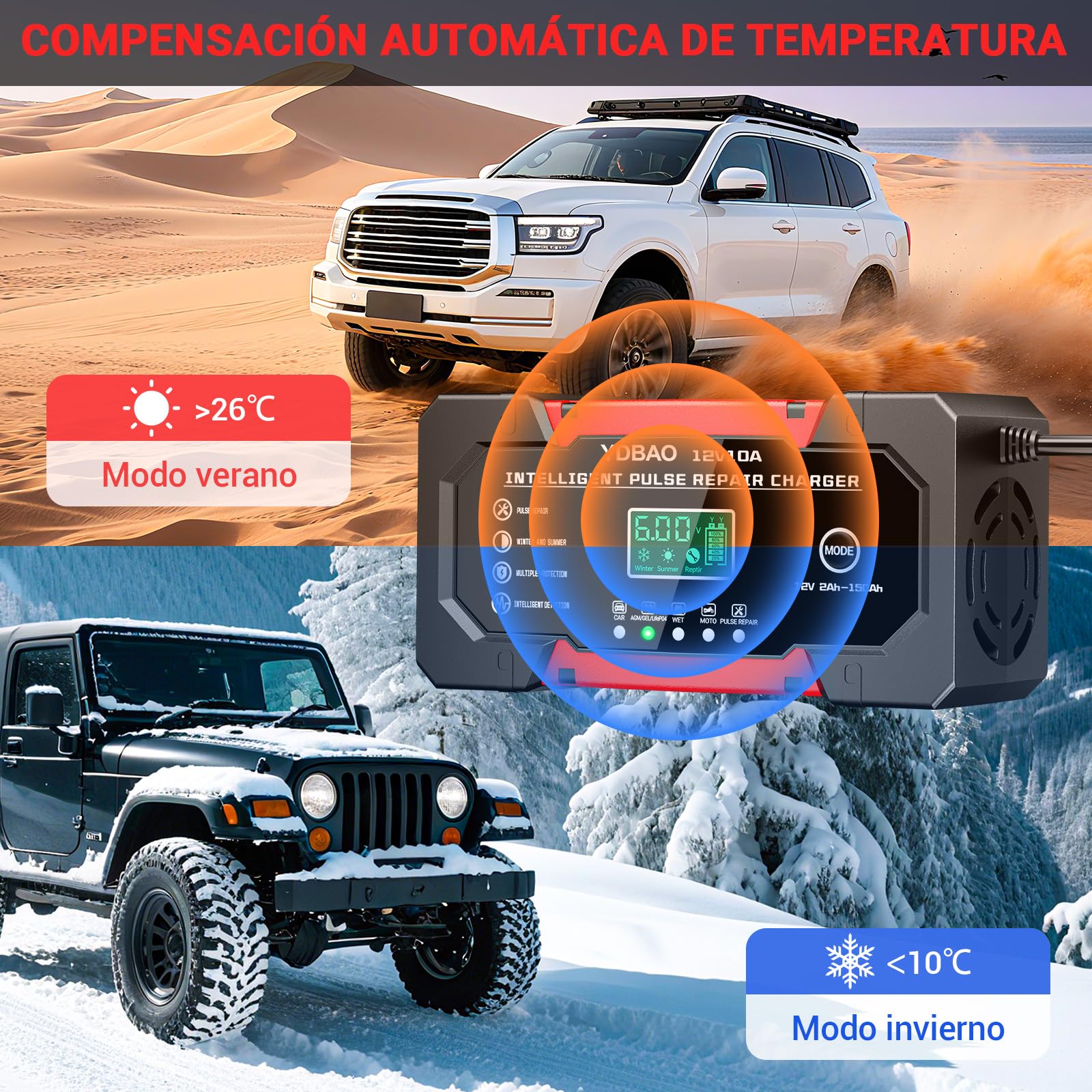 YDBAO Cargador Baterias Coche 12V 10A Cargador de baterias Coche y Moto Inteligente con Reparación y Pantalla LCD y Múltiples Protecciones Cargadors de batería para Auto,Moto, Camión, AGM, SLA, Gel — view 7