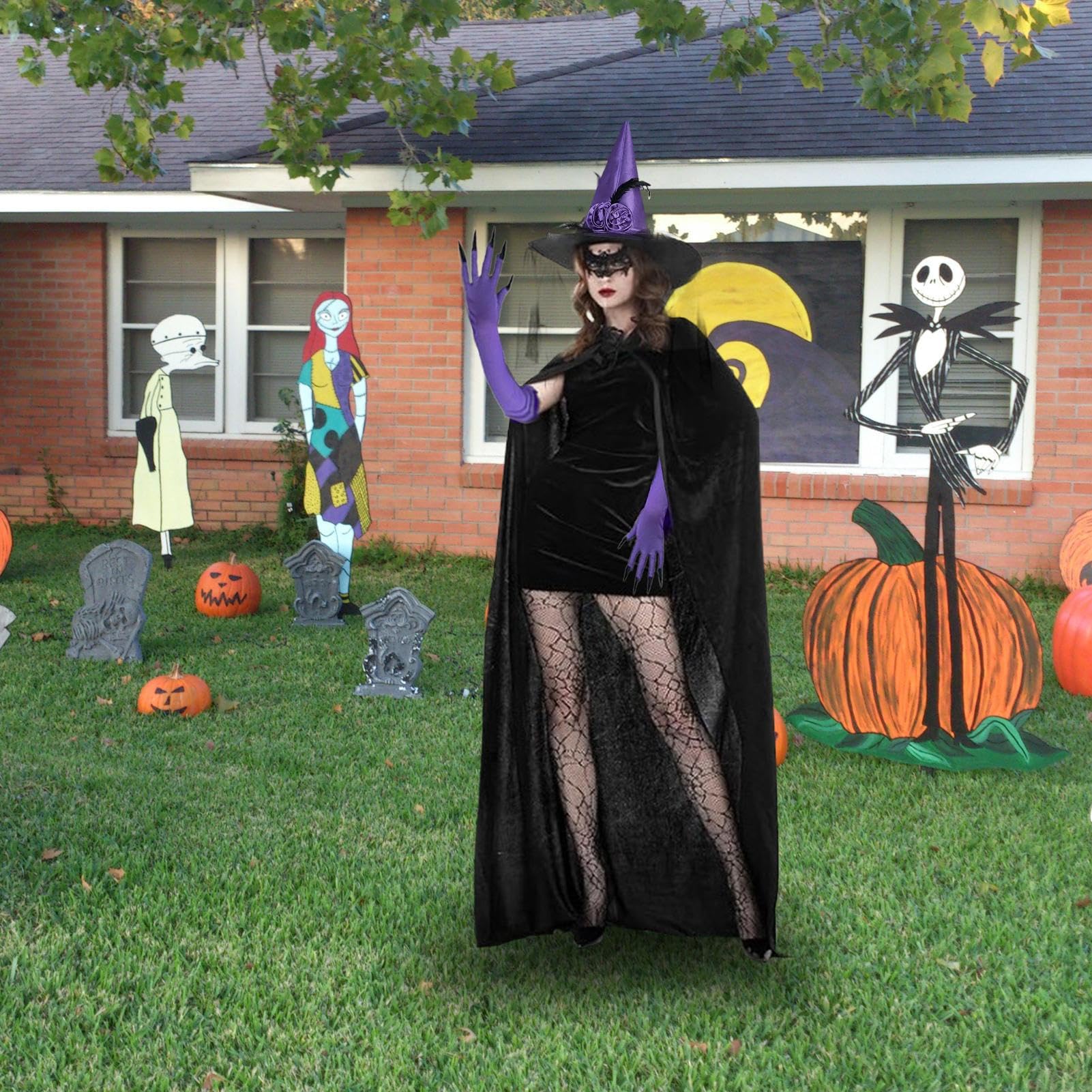 Kostium czarownicy – zestaw do cosplay czarownicy – Halloween, koronkowa maska skarpety, peleryna, kapelusz na scenę, imprezy, wesele