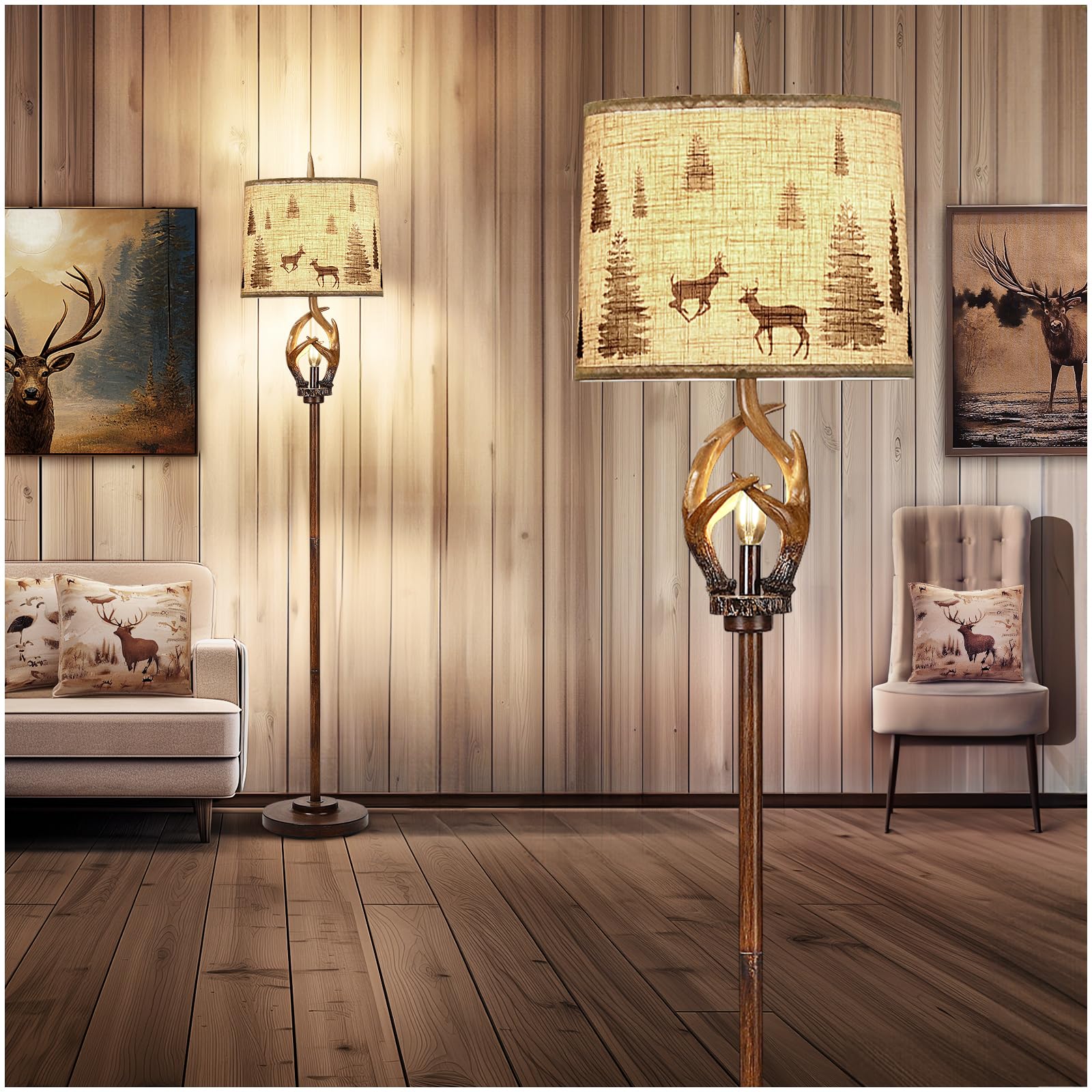 Scenekoy Rustic Farmhouse Antlers Floor Lamp with Nightlight Brown Finish Round Shade Lamps for Living Room Bedroom Office Study House