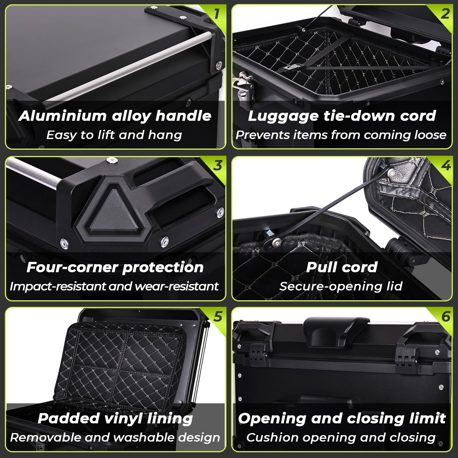 Baúl para motocicleta de aluminio, 65 L, color negro, gran maletín, universal con placa de montaje, acolchado trasero y forro interior, caja superior impermeable con candado para viajes y