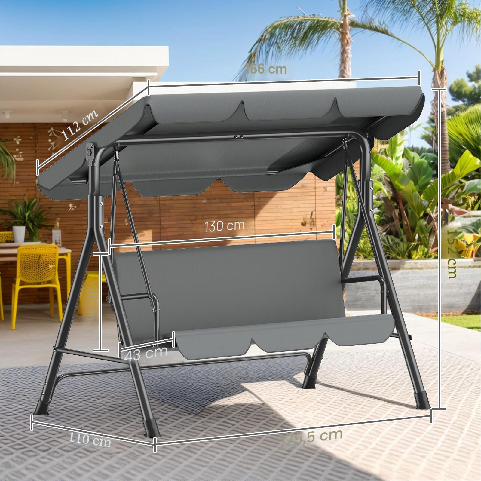 Balancelle Jardin 3 Places,Chaise à Bascule avec Toit Pare-Soleil et Coussin Amovible,Chaise de Jardin,Structure Métallique Stable,Charge 270 kg,Banc à Bascule pour Extérieur,175x110x152cm,Anthracite