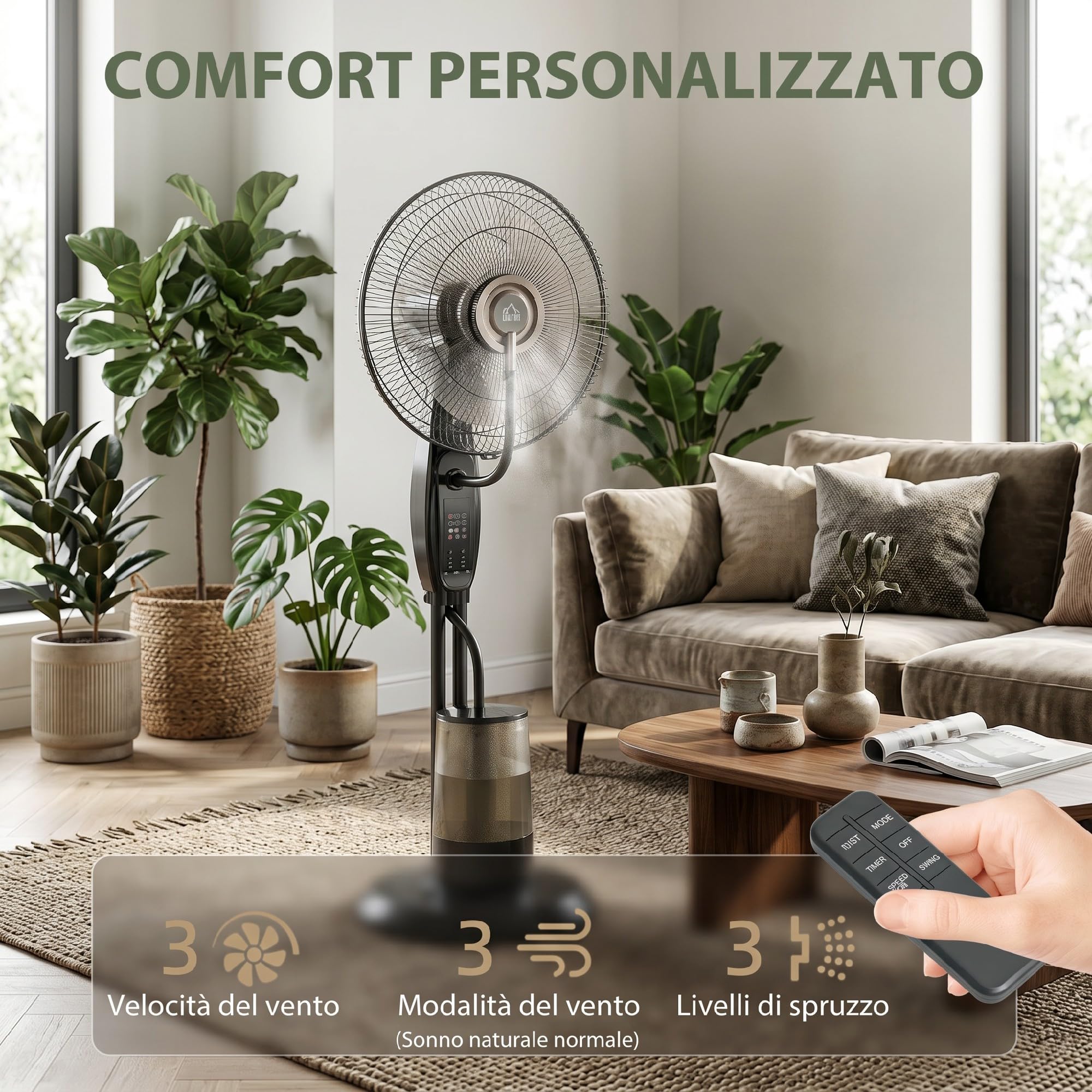 HOMCOM Ventilatore Nebulizzatore 75W con Serbatoio 3.2L, 3 Modalità | 3 Velocità, Ventilatore a Piantana, Inclinazione 10°, Oscillazione 70°, Timer 7.5h, Telecomando, 120cm