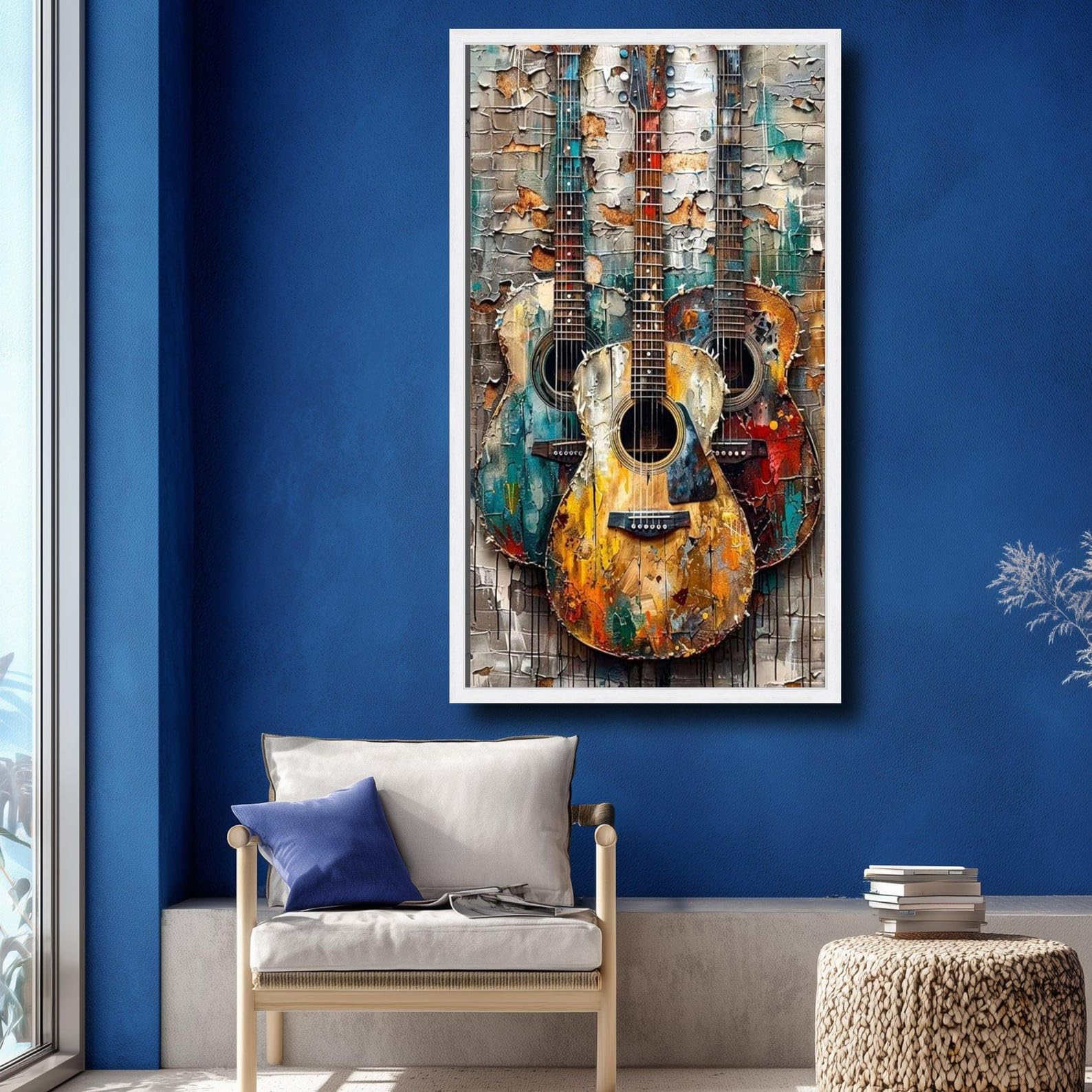 XINBAO Obraz na płótnie vintage gitary, abstrakcyjny obraz instrumentu muzycznego, dekoracja z rustykalną teksturą, sztuka o tematyce rockowej (60 x 105 cm/bez ramki)