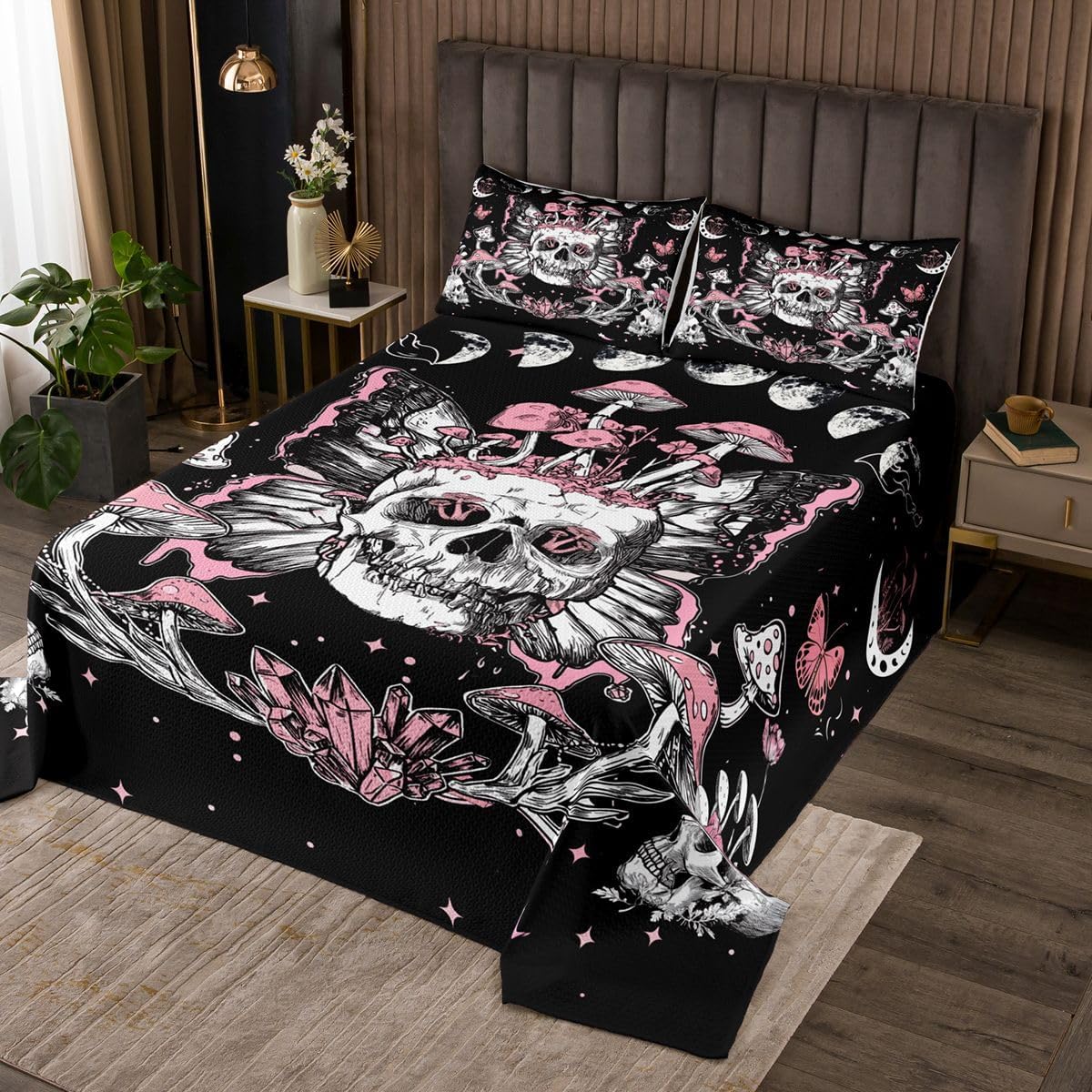 Erosebridal Gothic Skull Queen Quilt Set for Queen Bed Hippie Butterfly Coverlet Set for Girls, Trippy Mushroom Bedding Set Black White Pink Bedspread Set, Horror Death Skeleton Bed Quilt Breathable