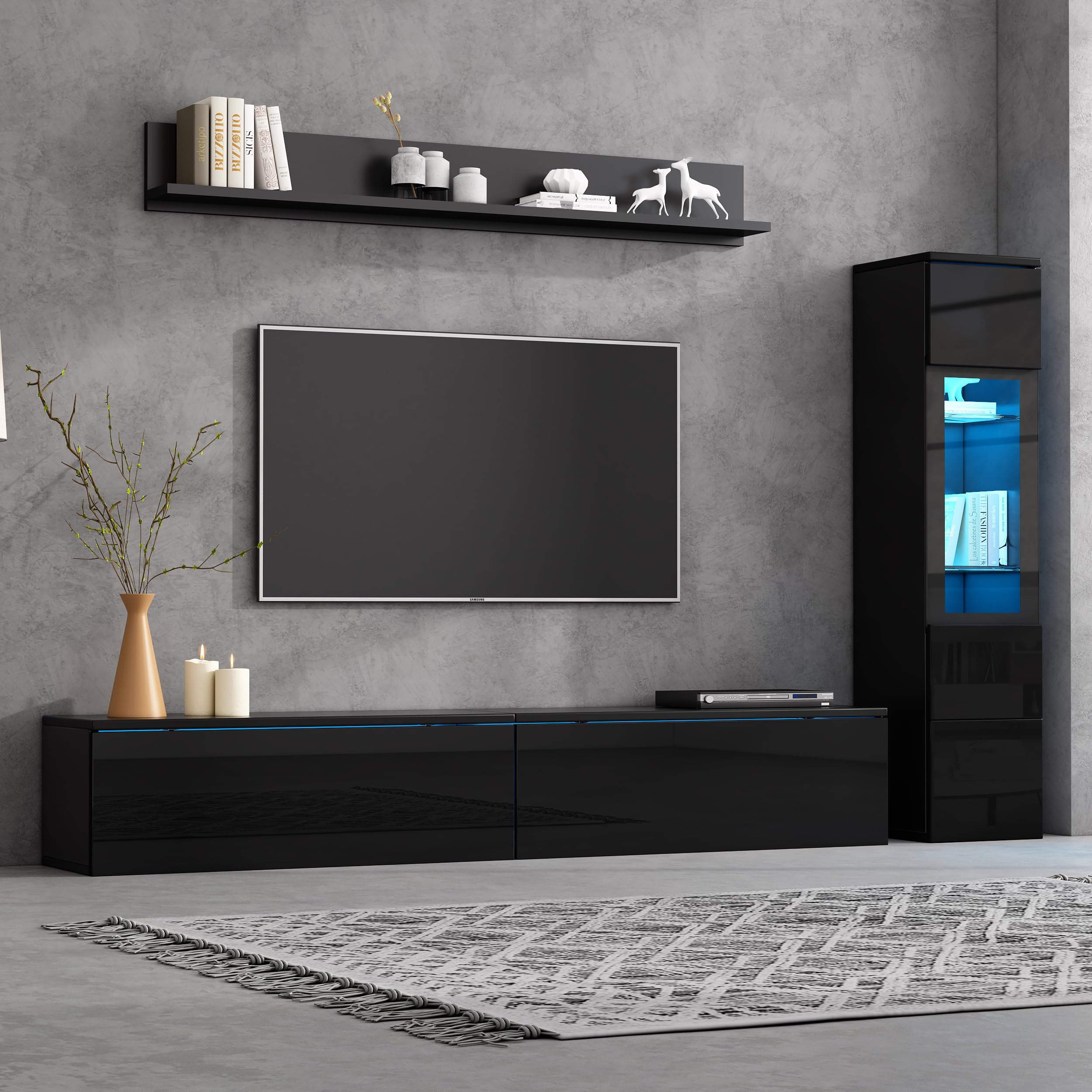 TIZZ Juego de pared para TV (3 piezas, iluminación LED, 1 armario de TV de hasta 80 pulgadas, 1 vitrina para salón, 1 estante colgante), color negro brillante
