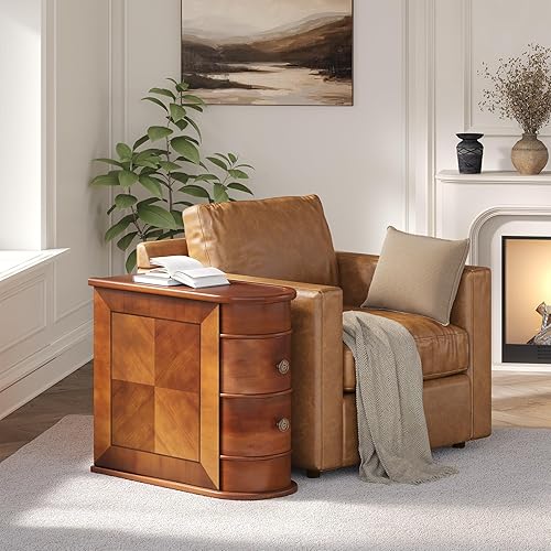 Miniatura 10 de LITTLE TREE Wood End Table with 2 Drawers Sofa Side Table, No Assembly Required Vintage Slim Nightstand Bedside Table for Bedroom