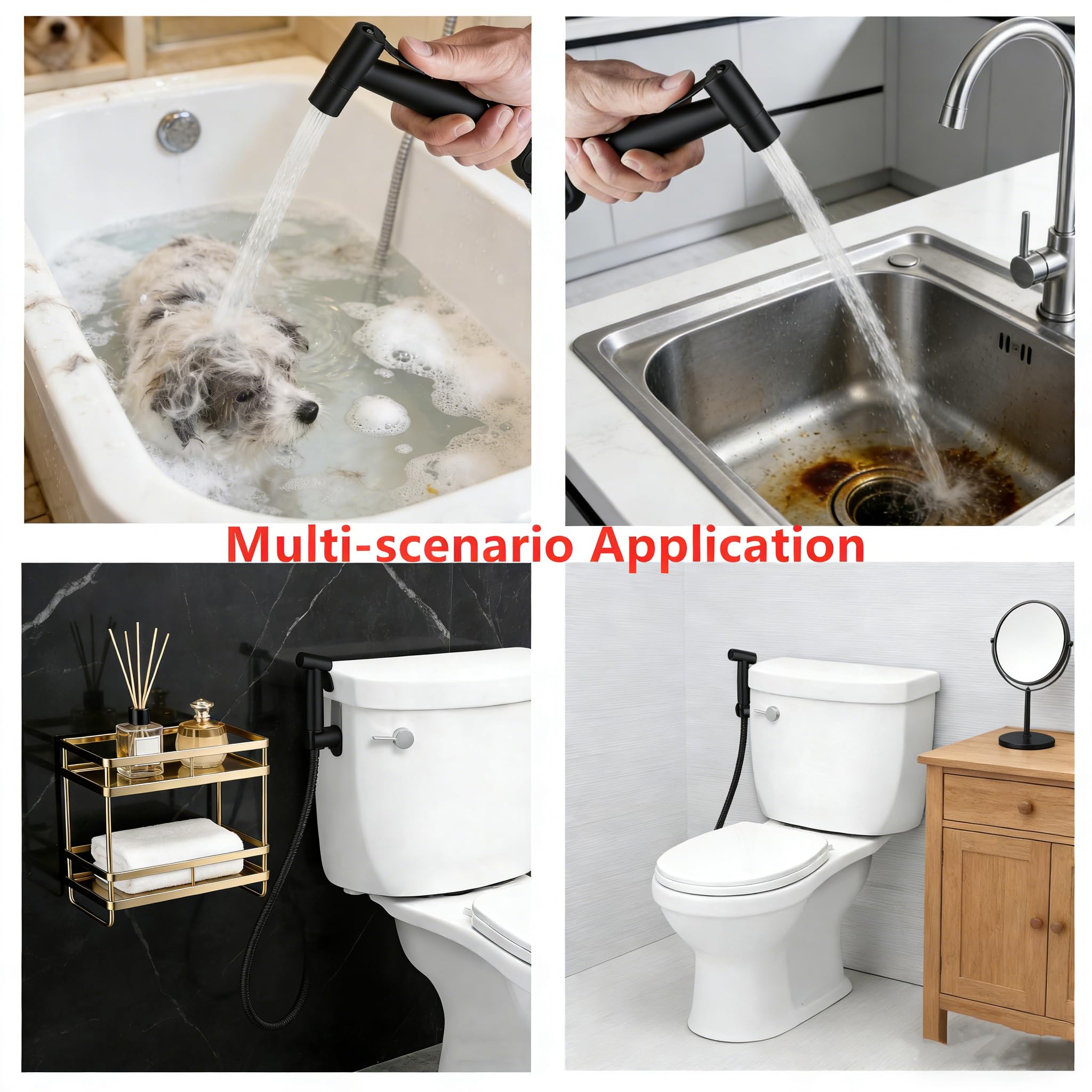 Kit de douchette à main pour bidet-toilette – Acier inoxydable robuste Kit de douchette WC avec support adaptateur en T et tuyau à ressort pour toilettes, animaux domestiques et nettoyage (G1/2-noir)