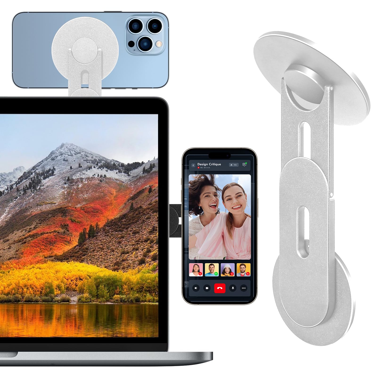 Aerbeis Updated Magnetic Laptop Phone Holder - Adjustable Continuity Camera Mount Stand Compatible with MagSafe, Slim Laptop Mount Computer Expansion Bracket for All Smartphone Silver