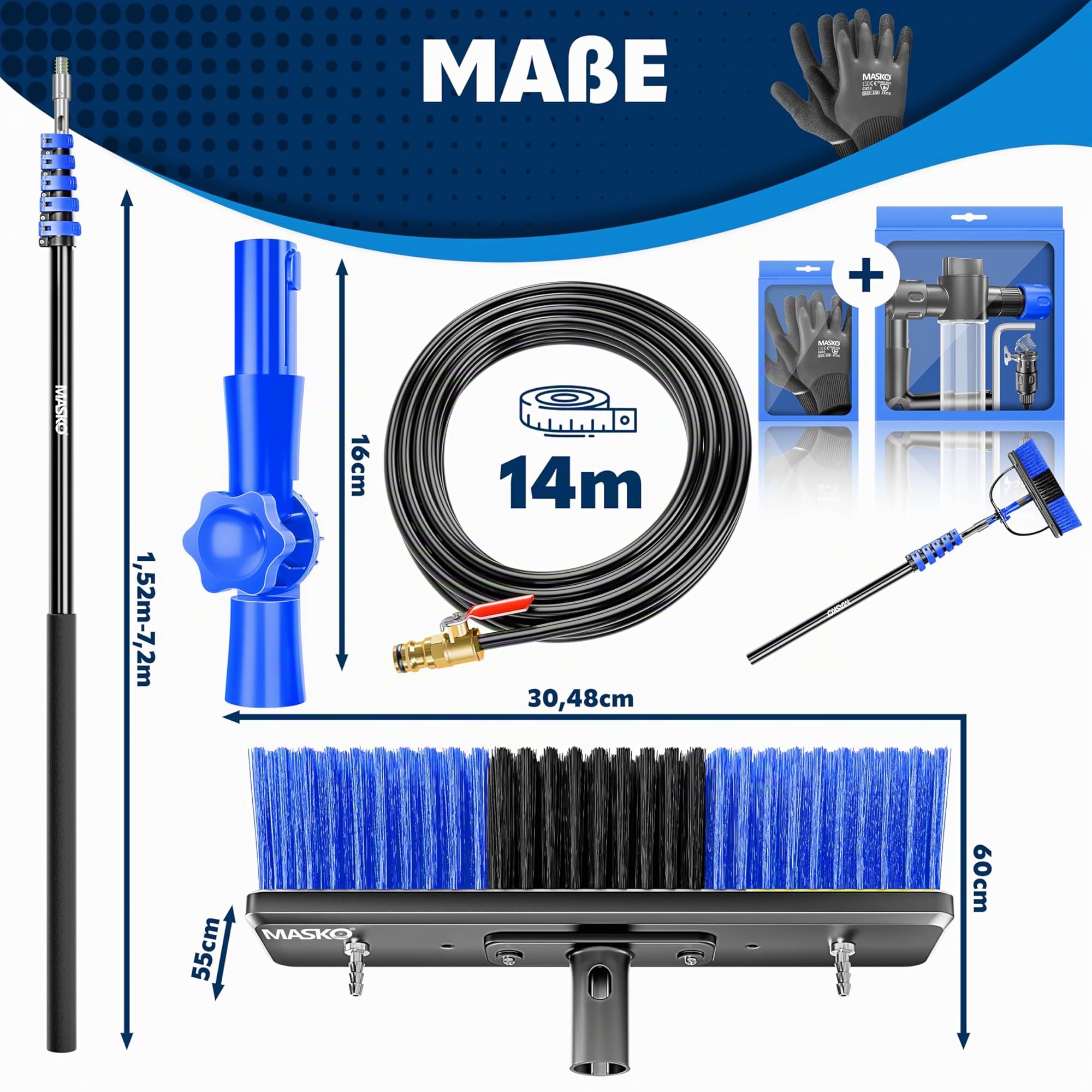 MASKO® Brosse de lavage télescopique avec raccord d'eau 7,2 m | Brosse de nettoyage extensible | Nettoyage des fenêtres et des installations PV | Poils