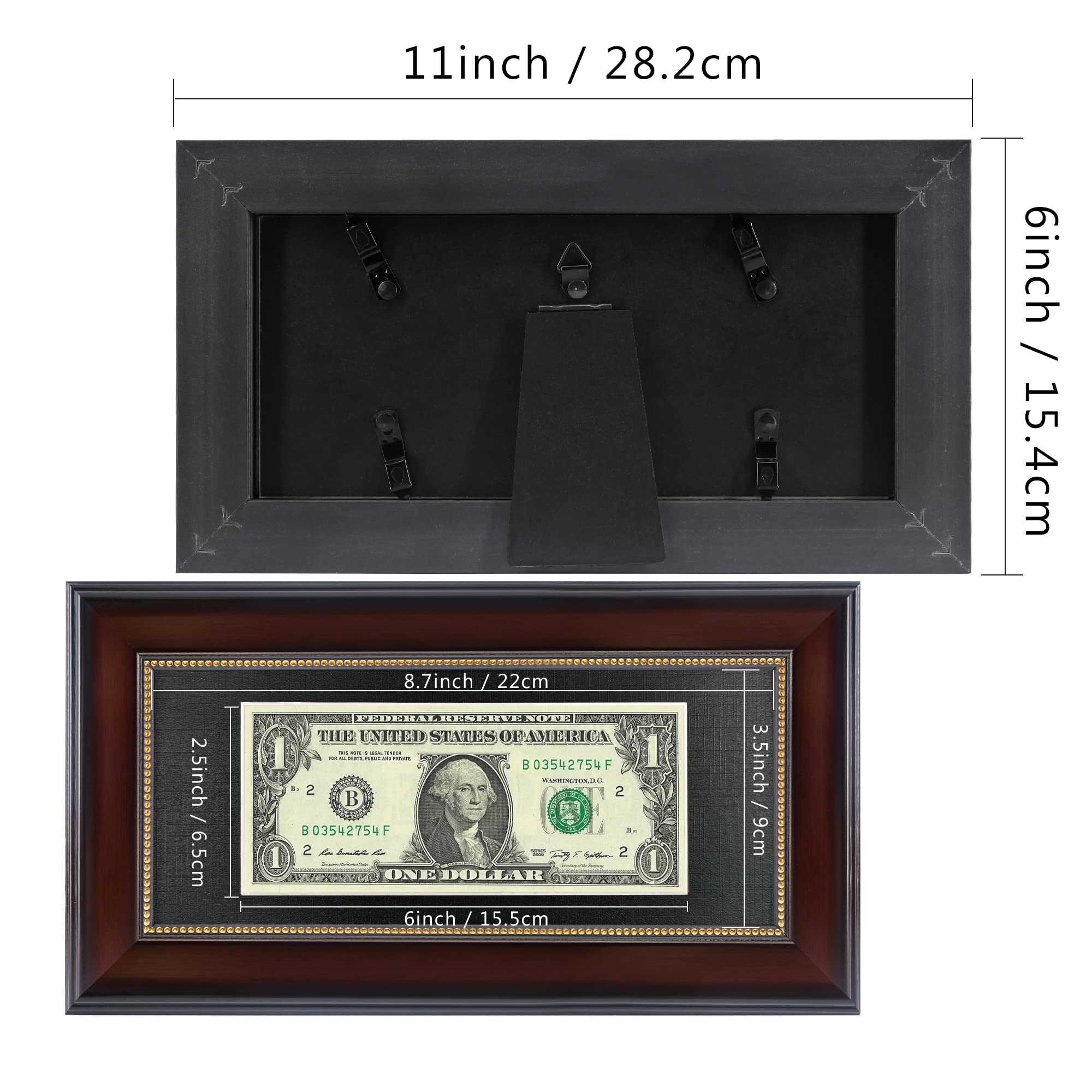 GMFrames Cornice per banconote in mogano con tappetino nero o display 4x9 senza tappetino, vero vetro