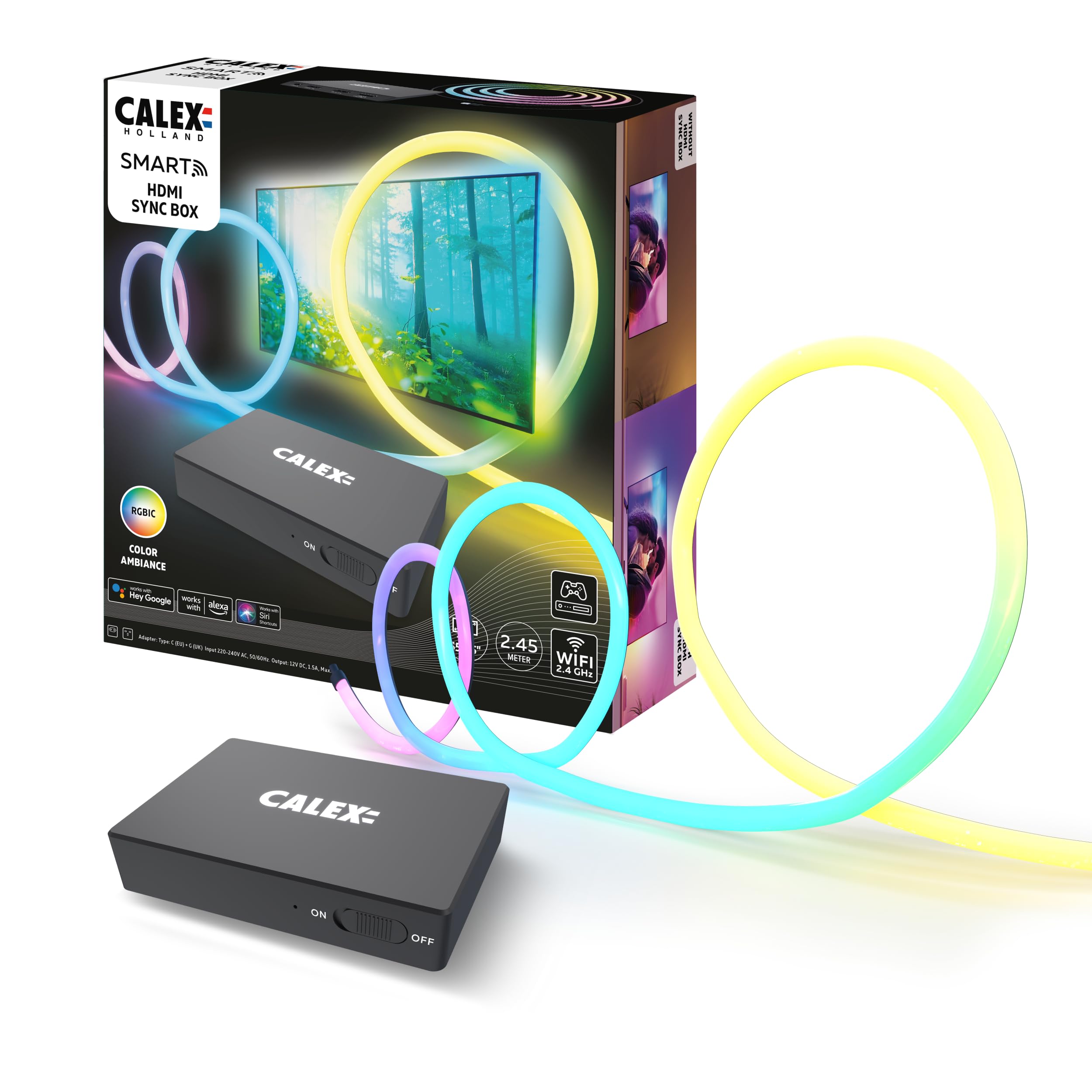 Calex Smart HDMI Sync Box, inclusa striscia LED TV da 2,45 m, per TV da 55-65", retroilluminazione sincronizzata per gaming e film