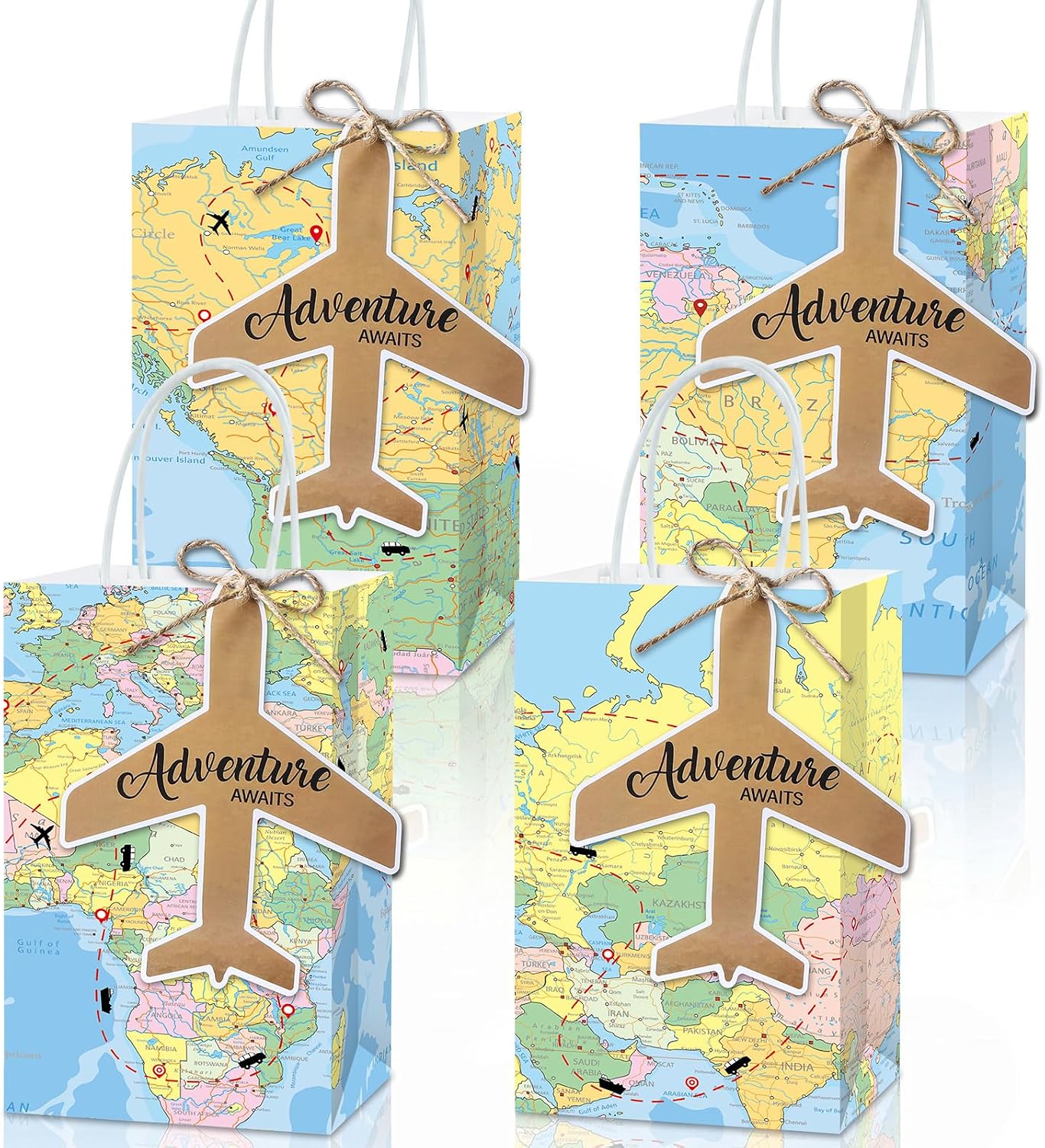 ojustbeok 12Pcs World Map Travel Party Favor Bags Adventure Awaits Paper Bag Decor Retirement Travel Party Supplies Congrats Goodies Candy Treat Bag for Farewell Going Away Birthday Camping