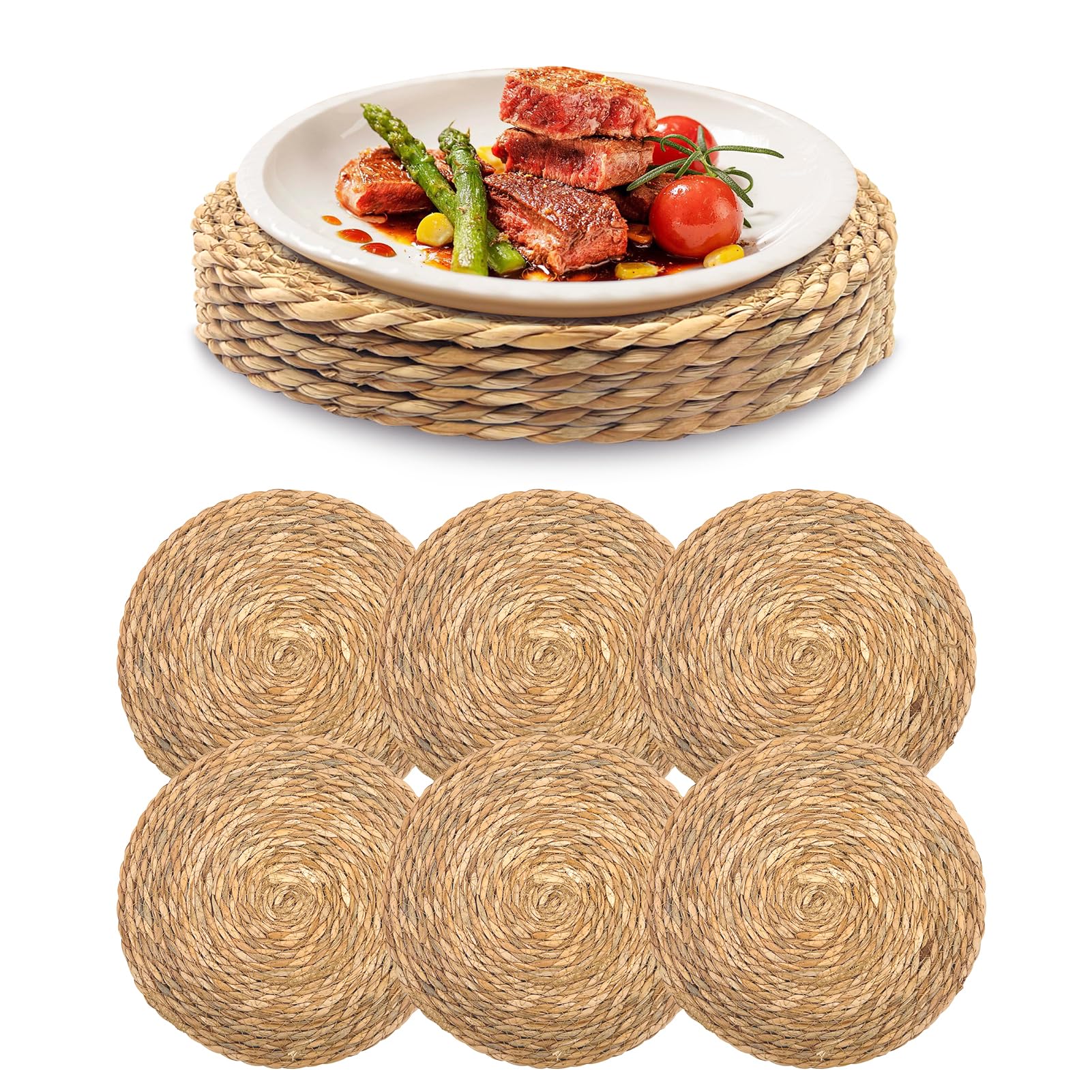 Lot de 12 sets de table ronds tissés, style Boho naturel, 30 cm, résistants à la chaleur, antidérapants, style ferme rustique, tressés tissés à la main – Pour table à manger, fête, mariage – Bulrush