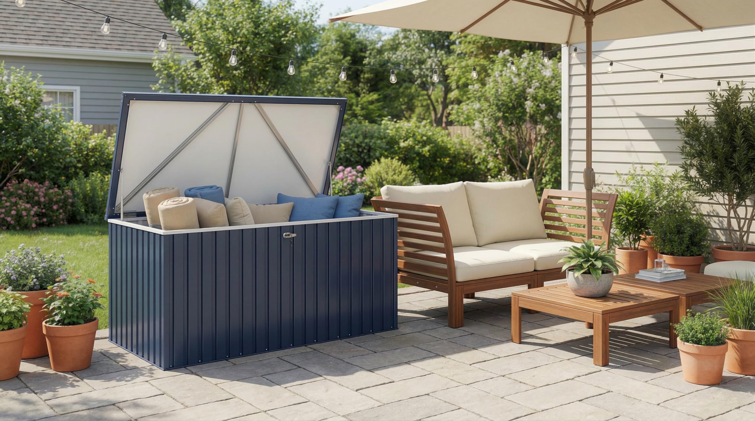 Duramax DH 1.9 (1450 L) Kissenbox aus Metall mit hydraulischer Gasdruckfeder und Vorhängeschlossöse, Terrassenbox und Gartenmöbelaufbewahrung für den Außenbereich, Anthrazit