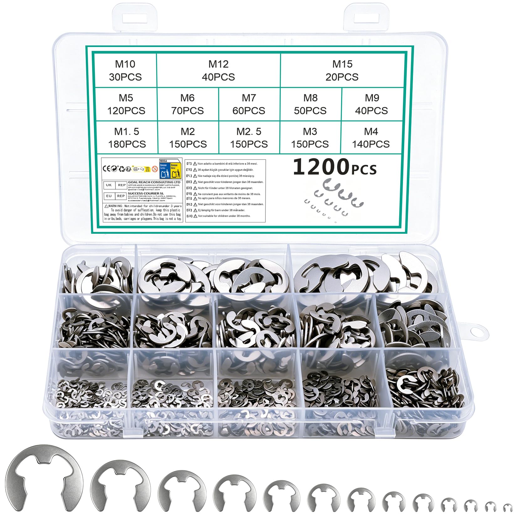 1200 Pcs Circlips Assorted Sizes, Stainless Steel E Clips