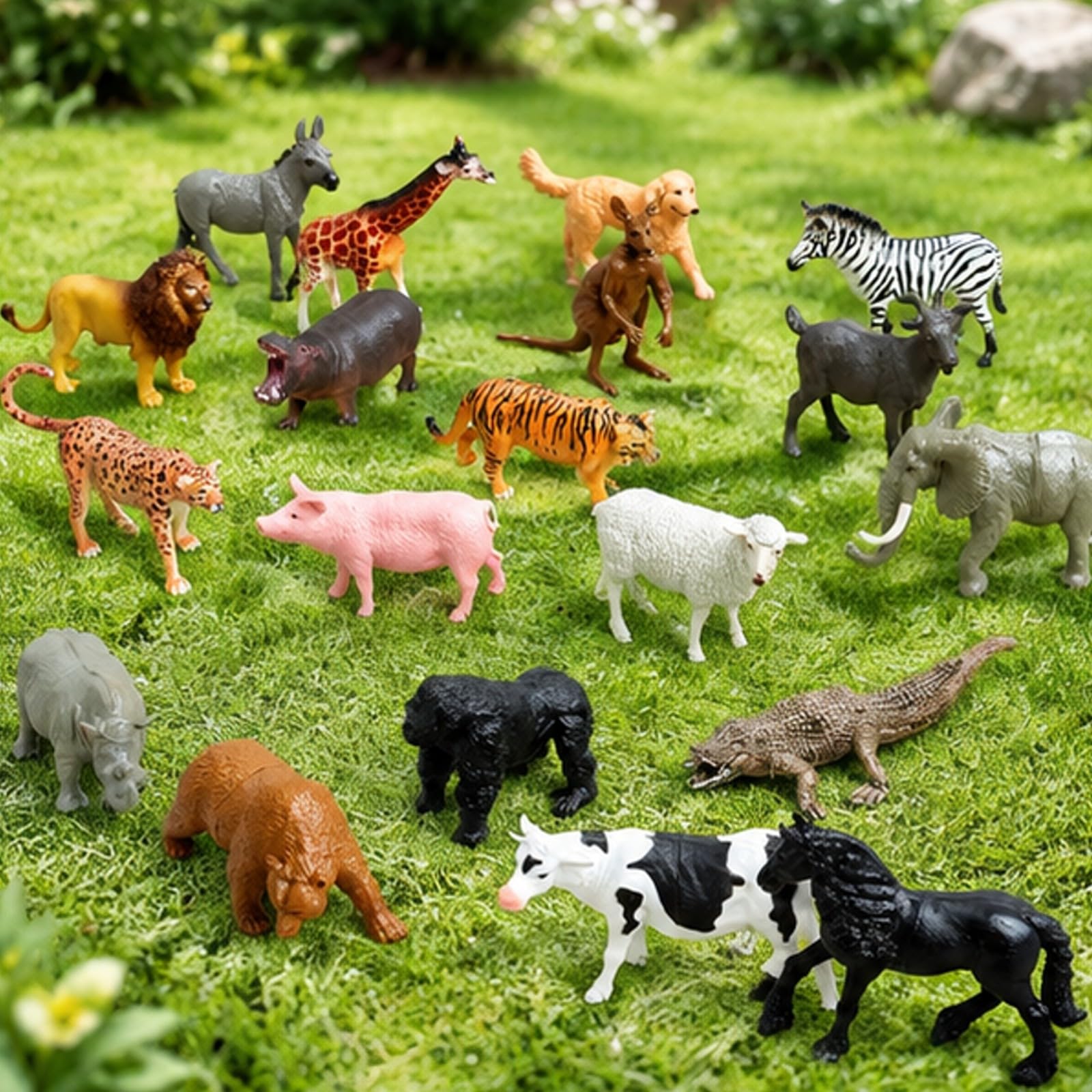 19 Pezzi Set di Modellini di Animali con Secchio Portaoggetti Portatile Giocattoli Animali da Fattoria in Plastica Realistici per Bambini, Aperto