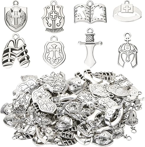 BENOSPACE 80Pcs Bible Theme Charms Pendants Warrior Charm Antique Silver Cross Charms Tibetan Metal Shield Knife Armor Cap Charm Accessories for
