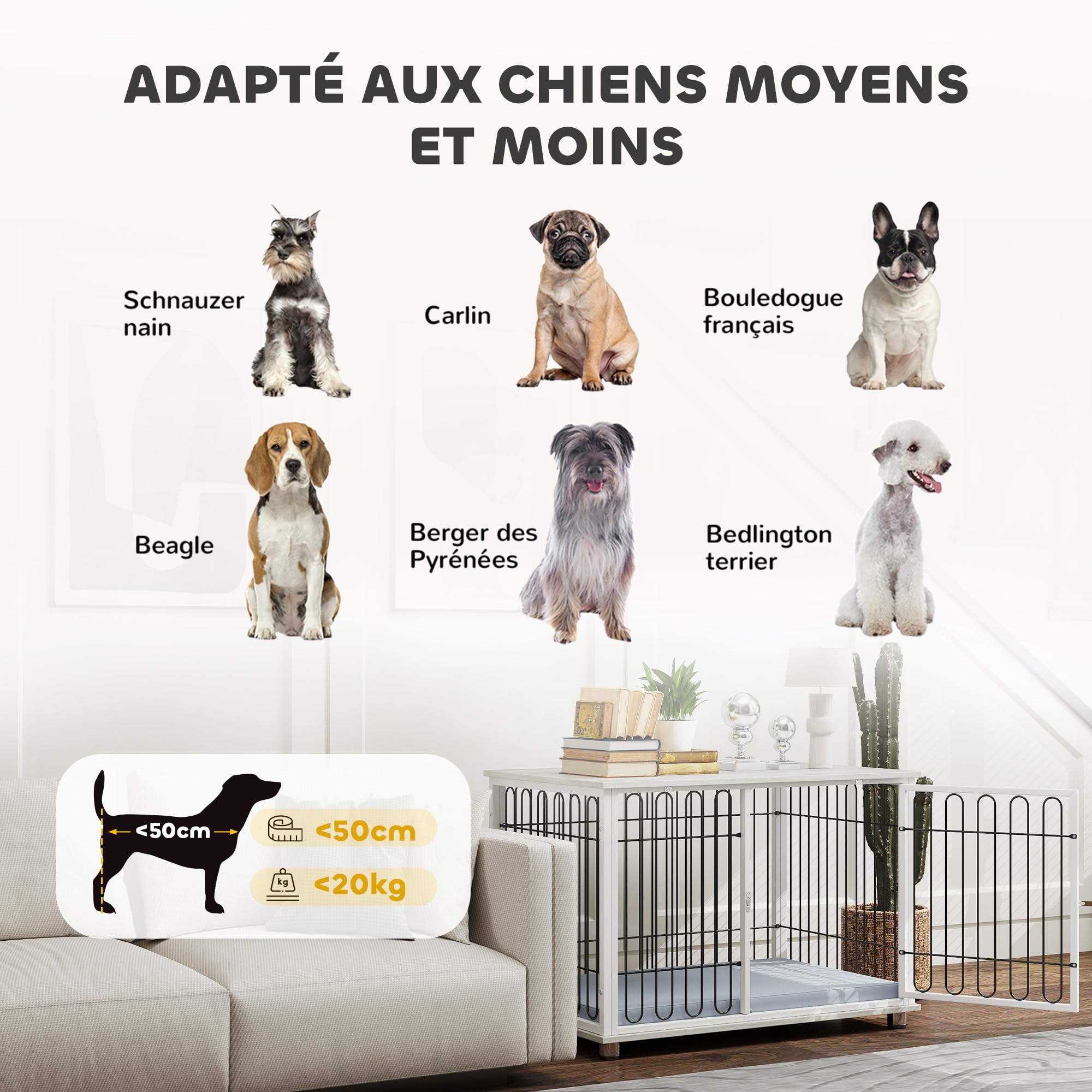 PawHut Cage pour Chien, Meuble Cage Chien intérieur avec Coussin, Pieds réglables, Table d'appoint, Fil d'acier Solide, pour Chiens Moyens jusqu'à 20 kg, 90 x 58 x 62,5 cm, Gris